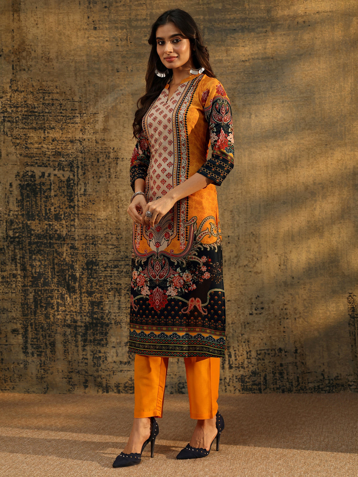 Anouk Mustard Multi Print Straight Muslin Suit Set