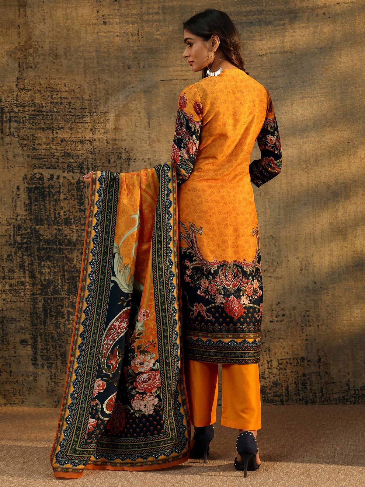 Anouk Mustard Multi Print Straight Muslin Suit Set