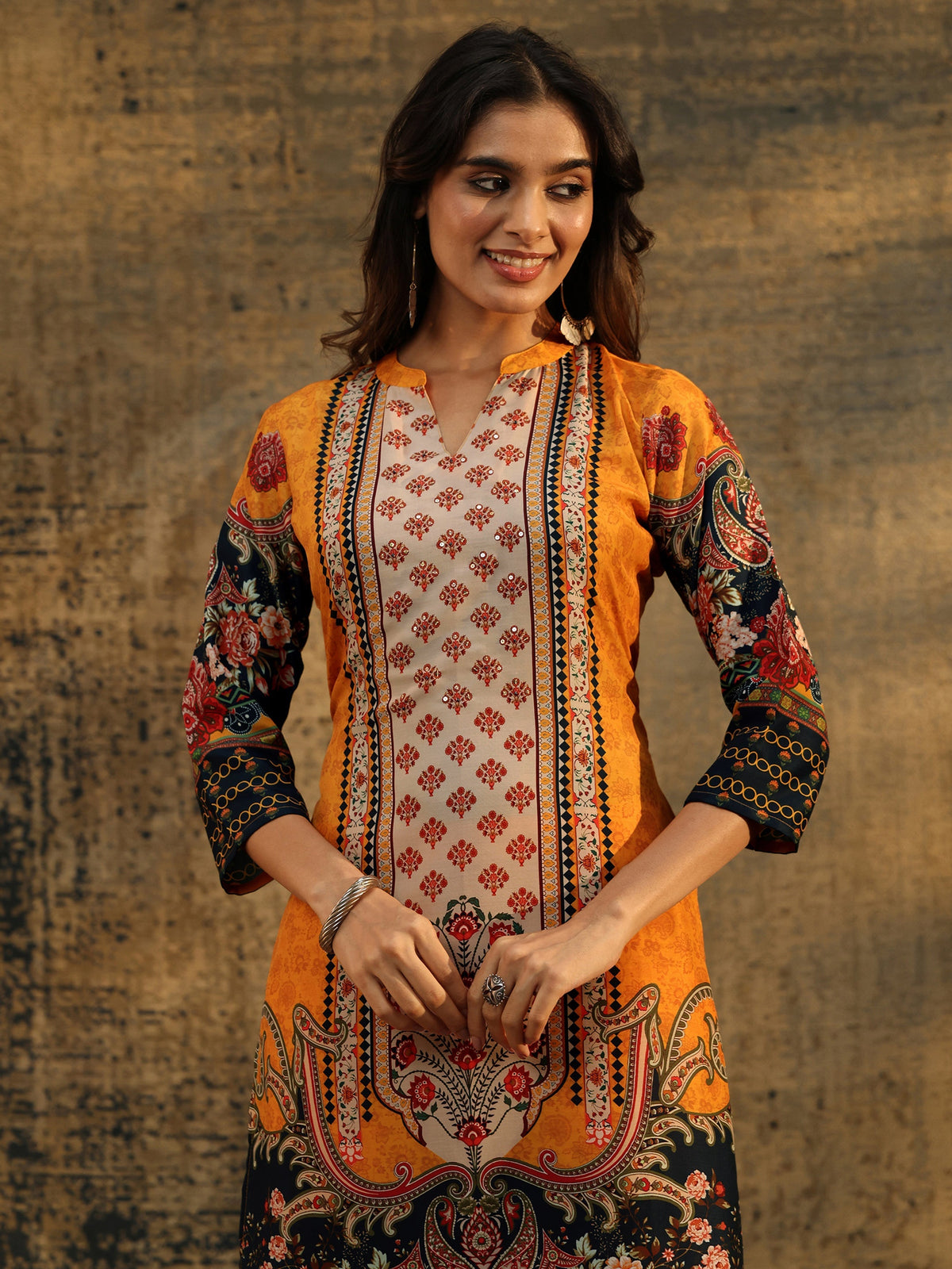 Anouk Mustard Multi Print Straight Muslin Suit Set
