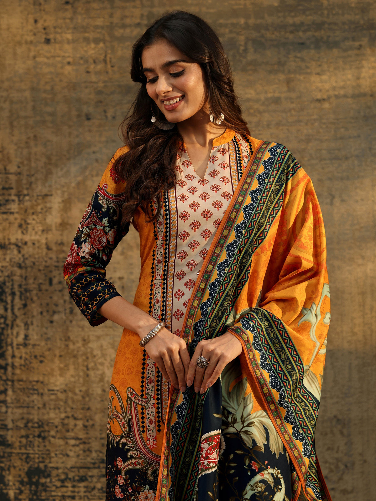 Anouk Mustard Multi Print Straight Muslin Suit Set