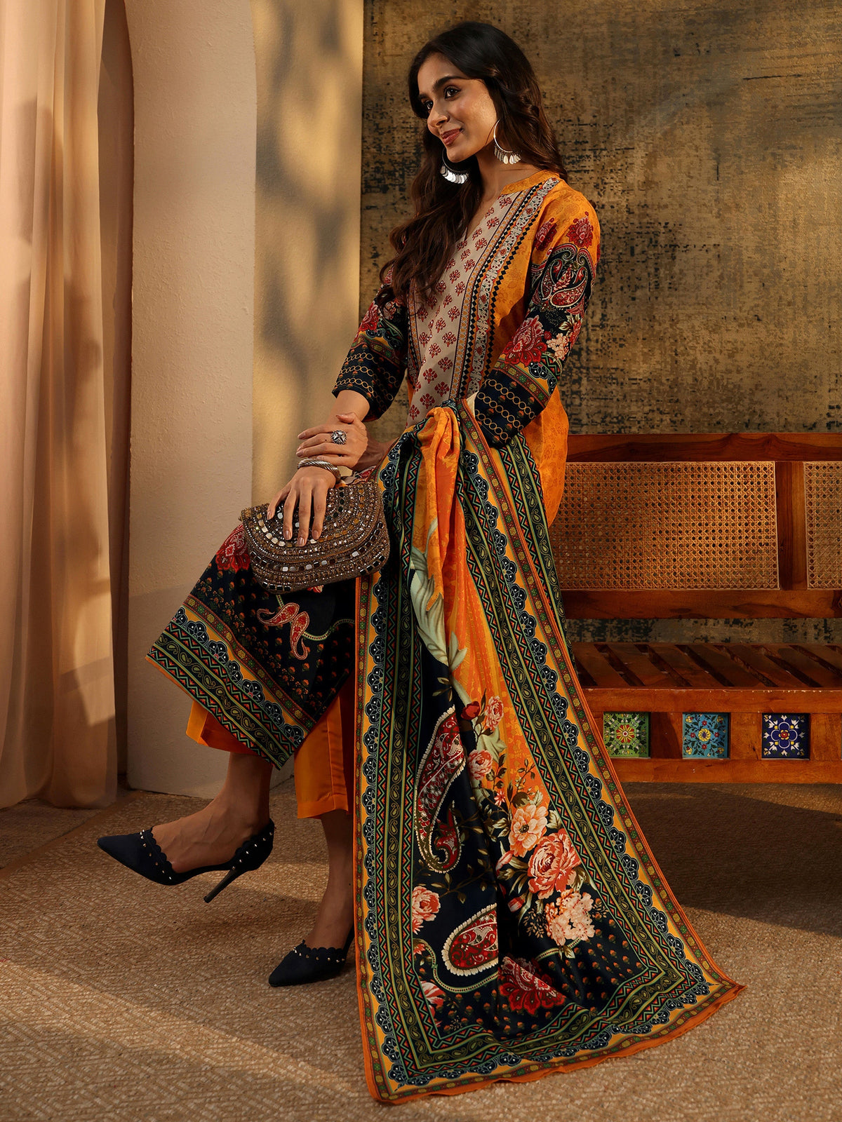 Anouk Mustard Multi Print Straight Muslin Suit Set