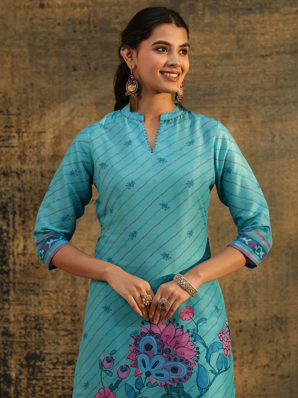 Anouk Turquoise Blue Floral Printed  Muslin Straight Suit Set