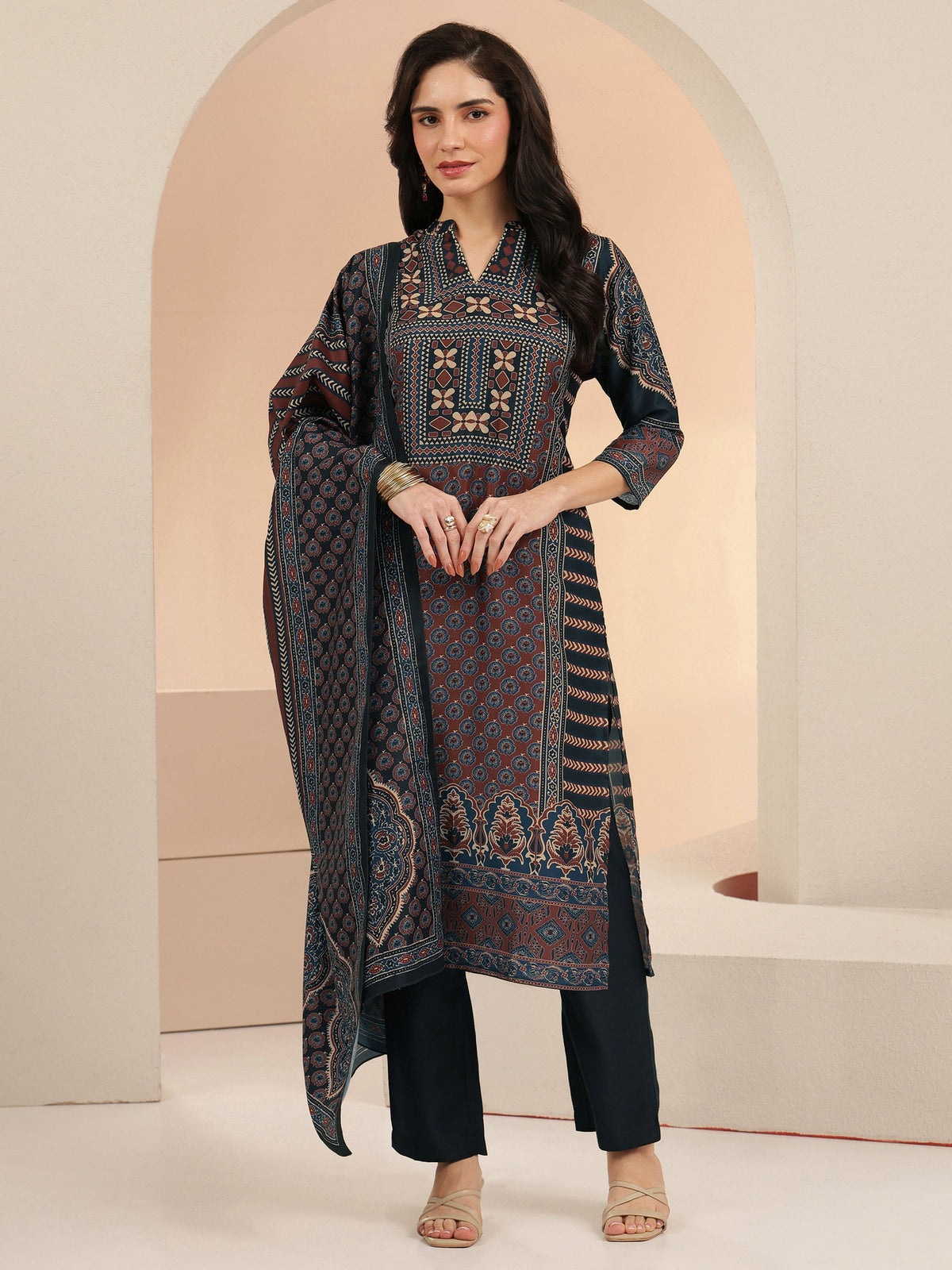 Anouk Maroon Ethnic Print Cotton Blend Straight Suit Set