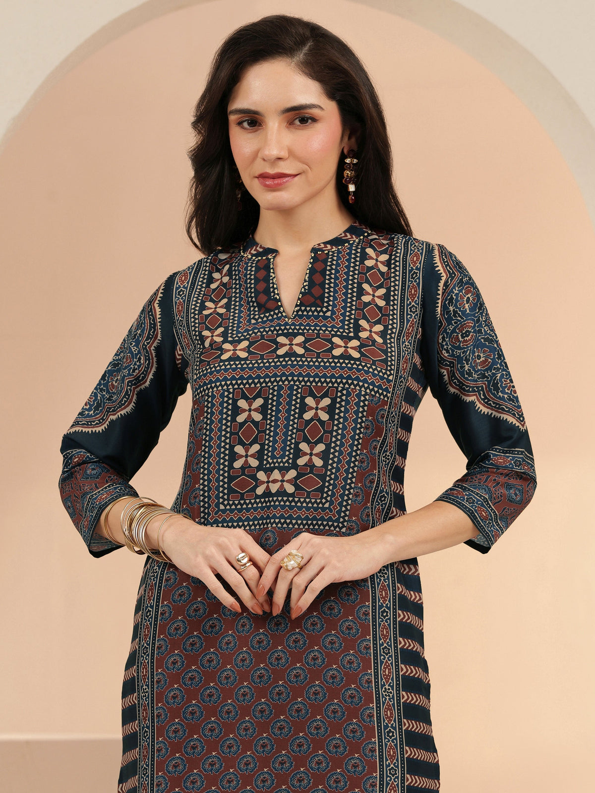 Anouk Maroon Ethnic Print Cotton Blend Straight Suit Set