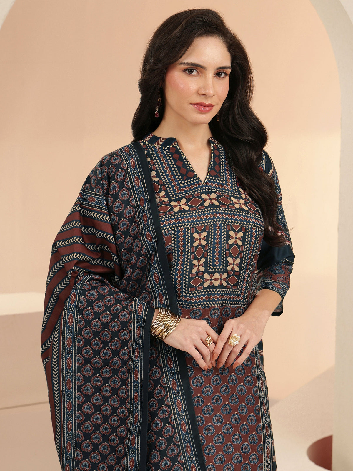 Anouk Maroon Ethnic Print Cotton Blend Straight Suit Set