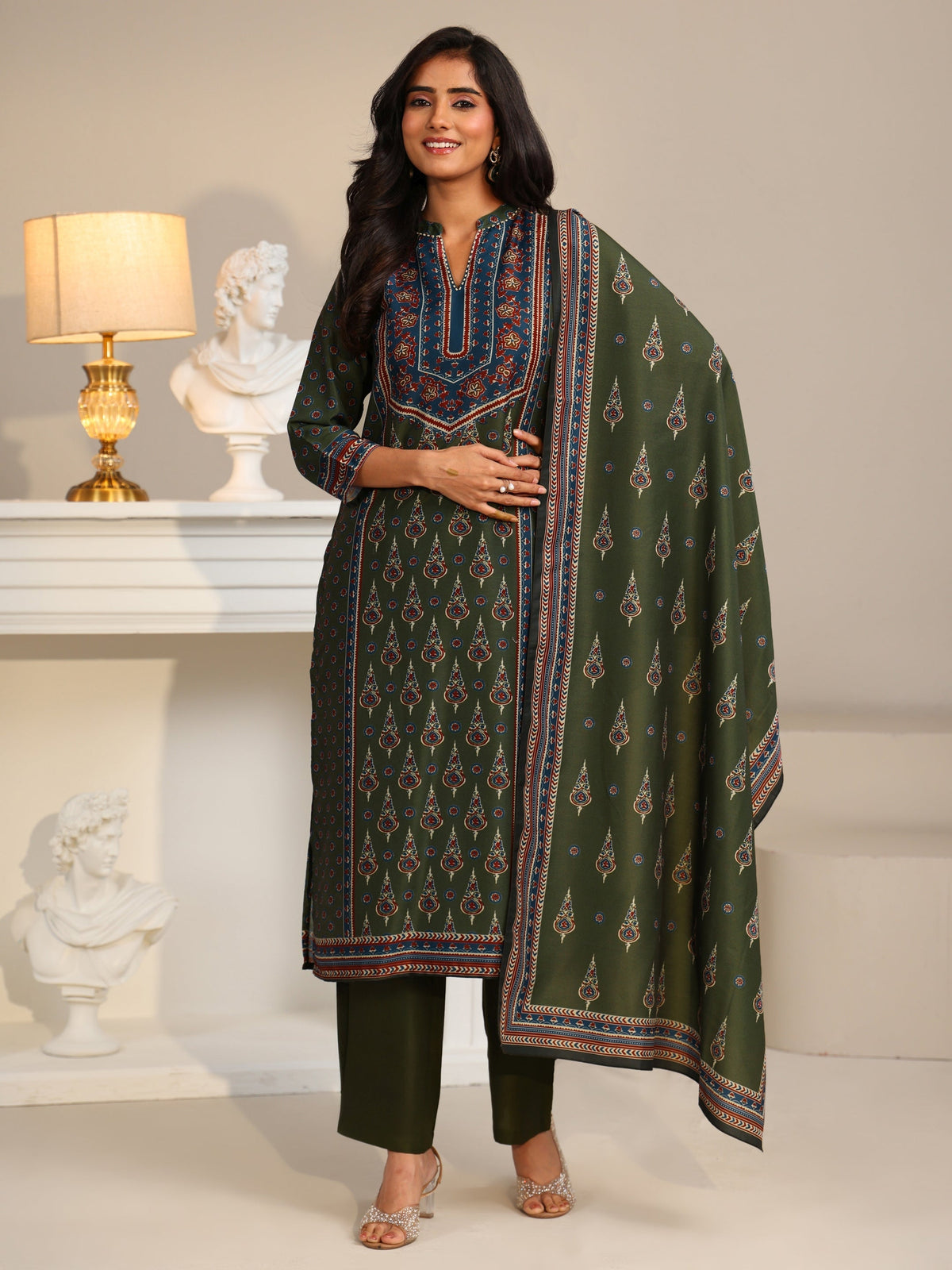 Anouk Olive Green Printed Muslin Straight Suit Set