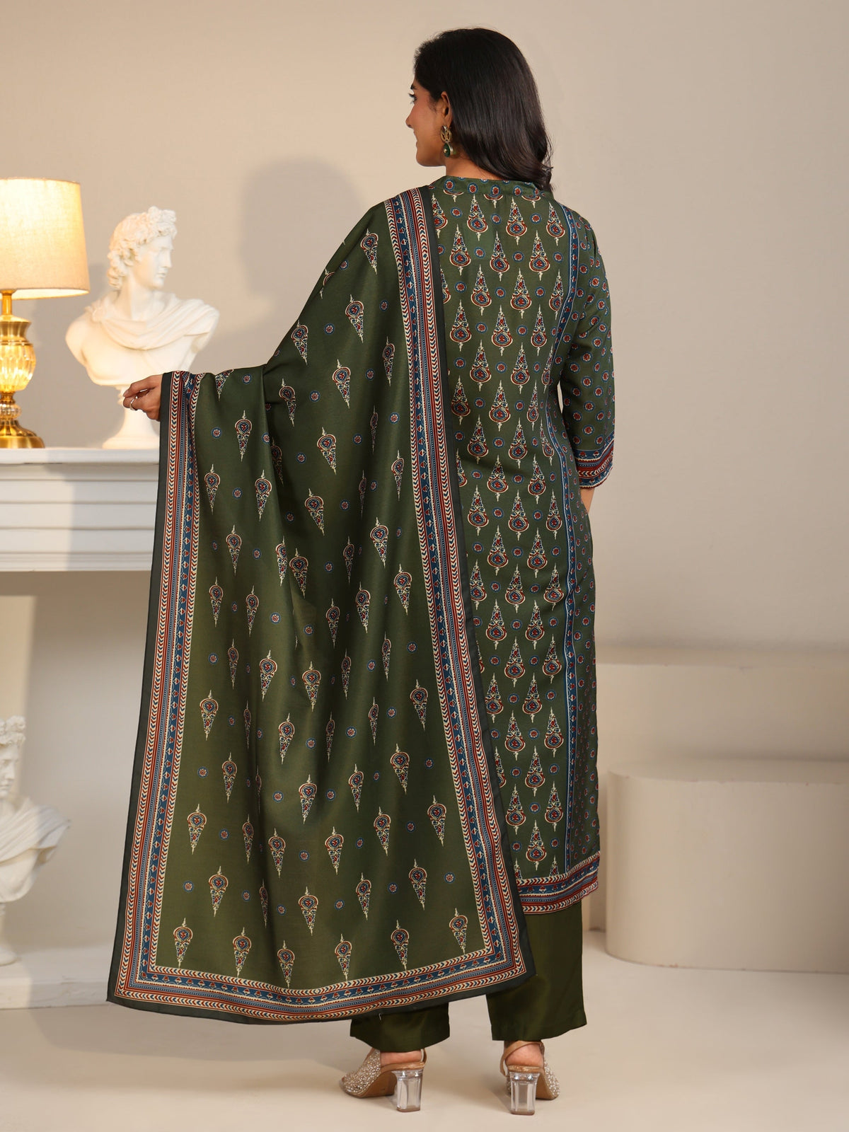 Anouk Olive Green Printed Muslin Straight Suit Set