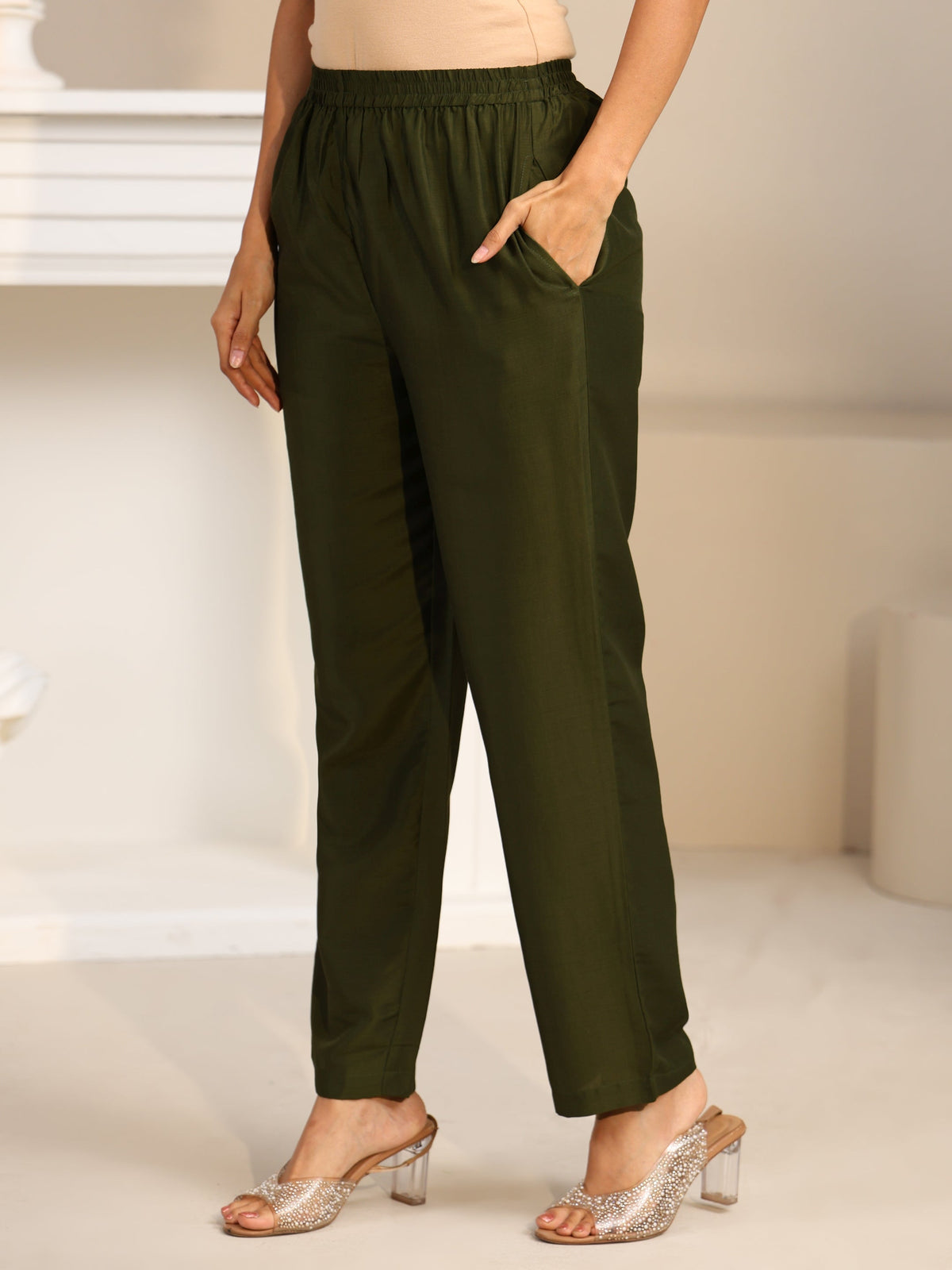 Anouk Olive Green Printed Muslin Straight Suit Set