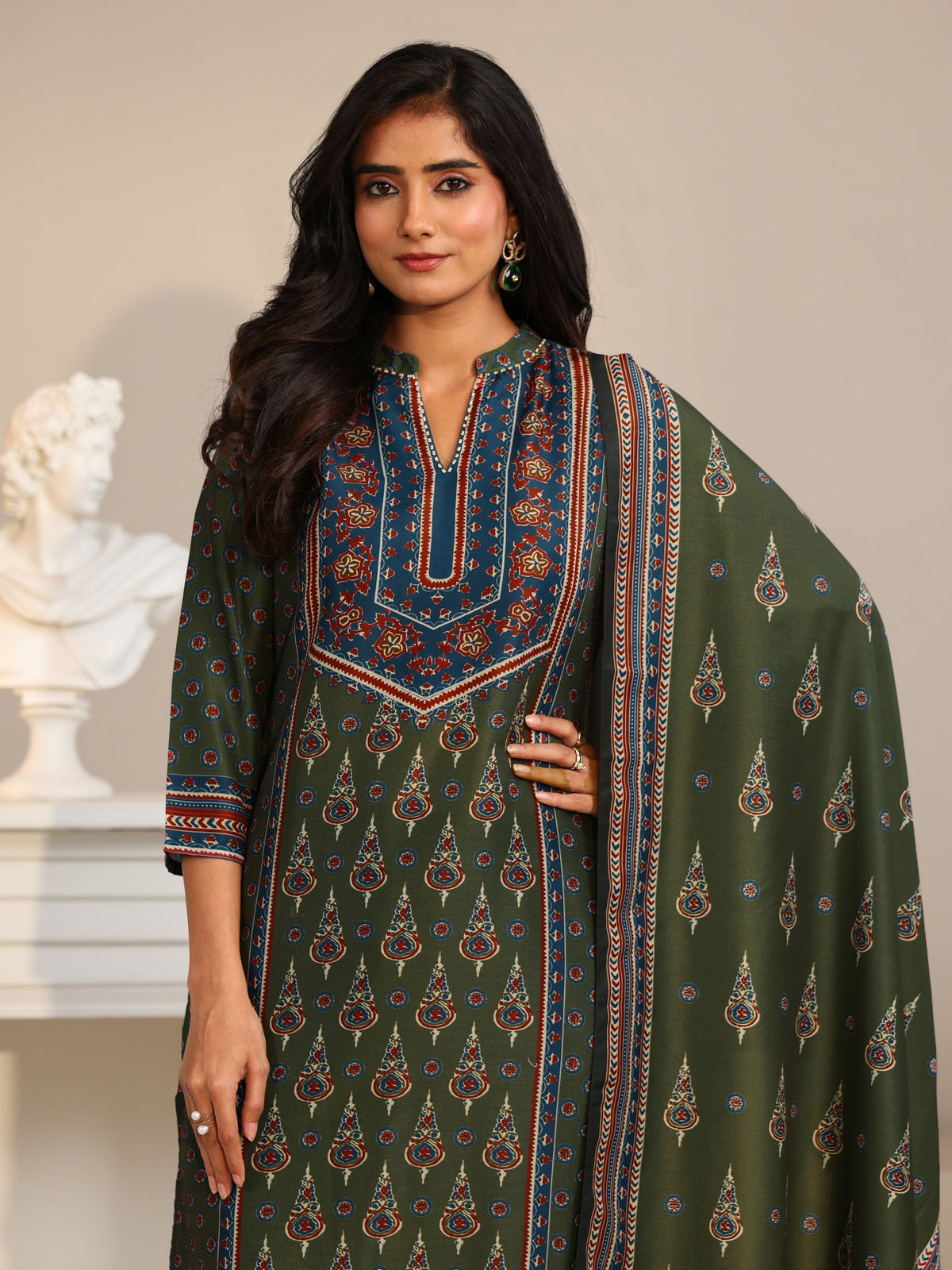 Anouk Olive Green Printed Muslin Straight Suit Set