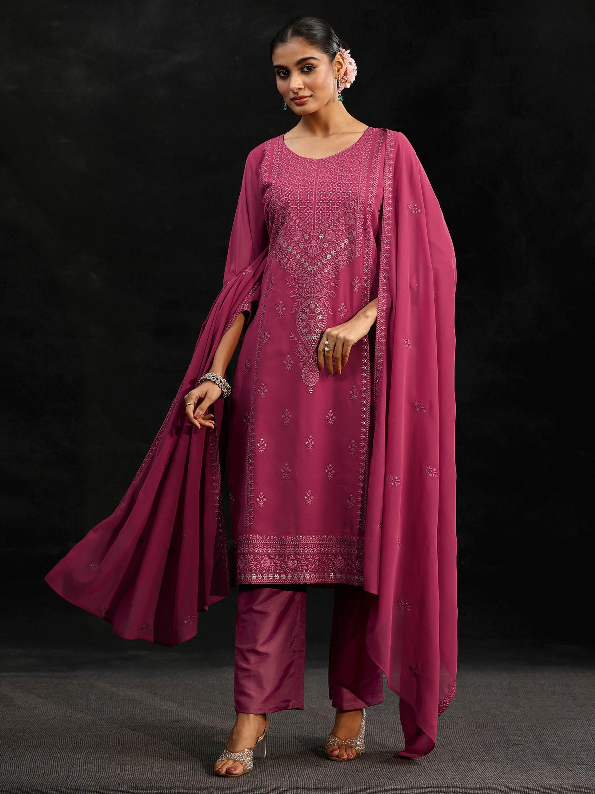 Anouk Pink Floral Embroidered Georgette Straight Suit Set
