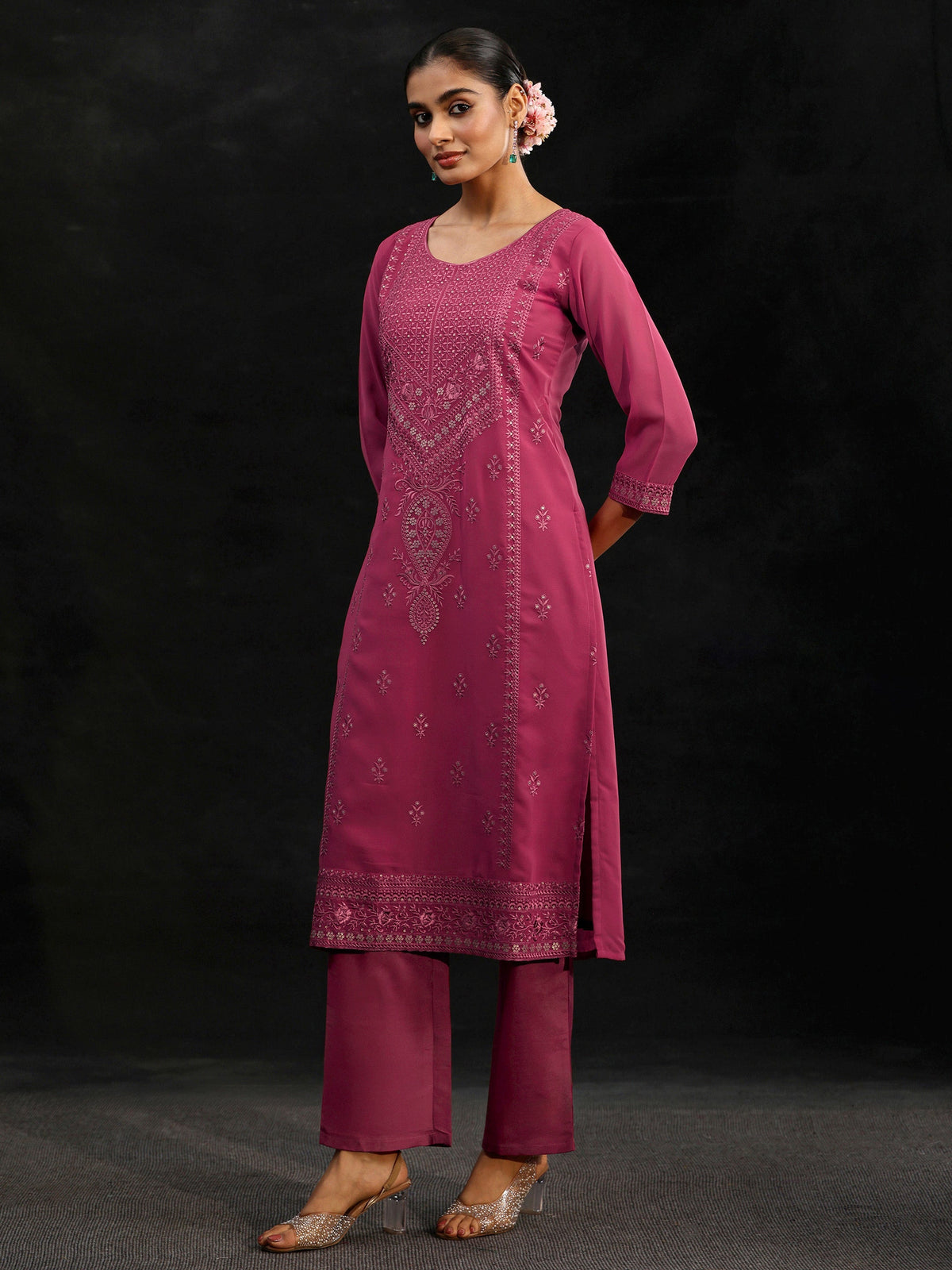 Anouk Pink Floral Embroidered Georgette Straight Suit Set