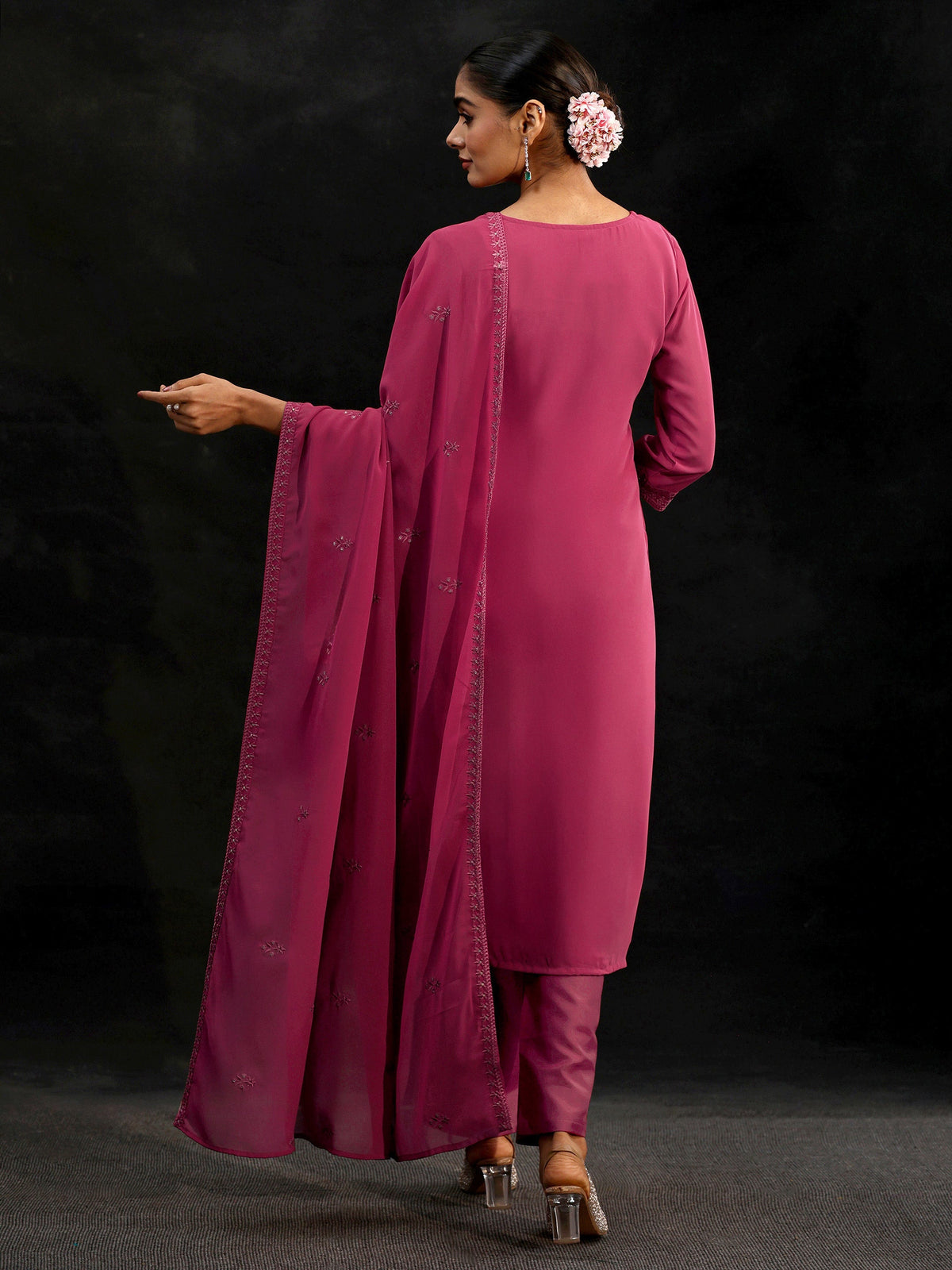Anouk Pink Floral Embroidered Georgette Straight Suit Set