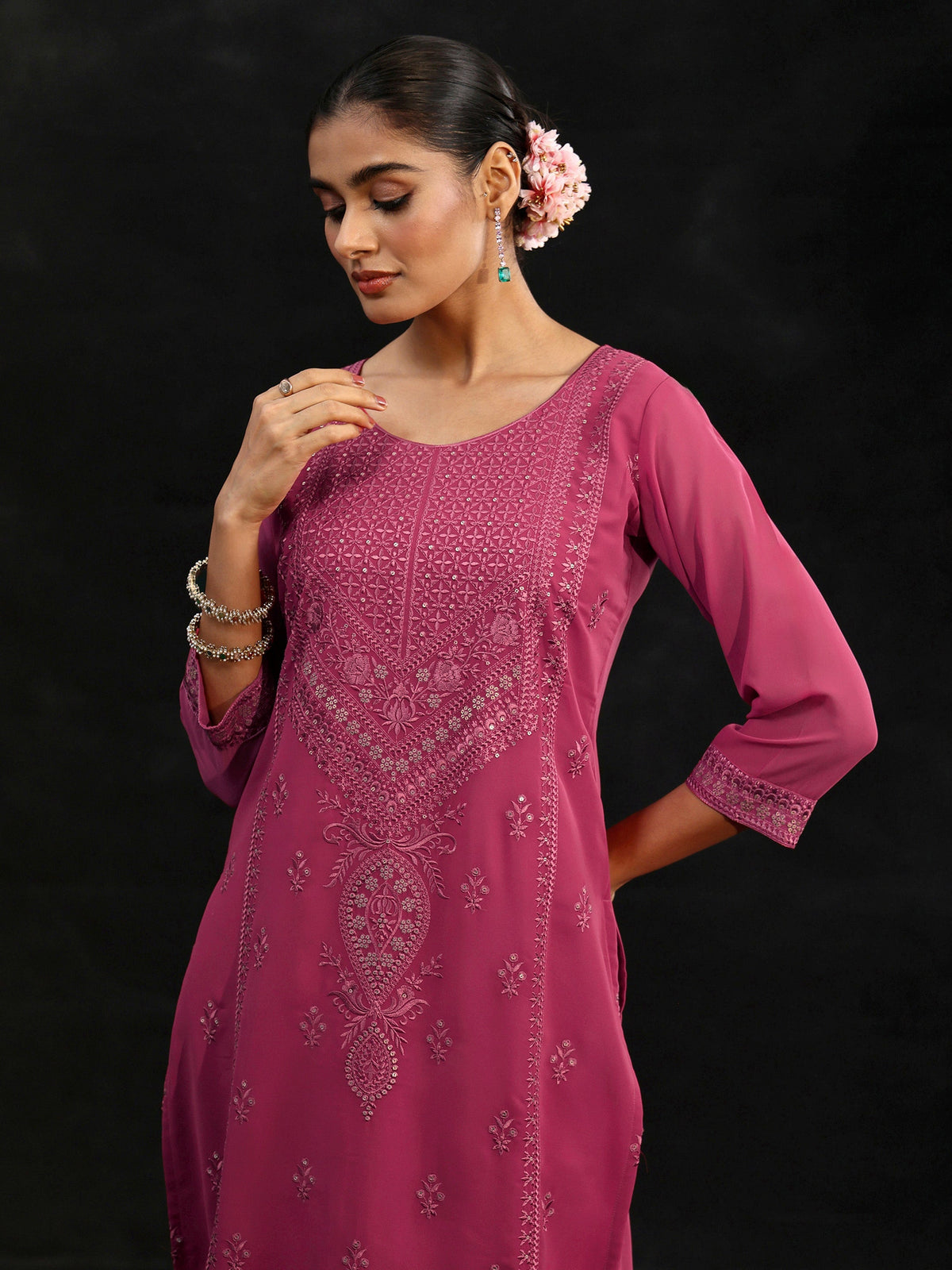 Anouk Pink Floral Embroidered Georgette Straight Suit Set
