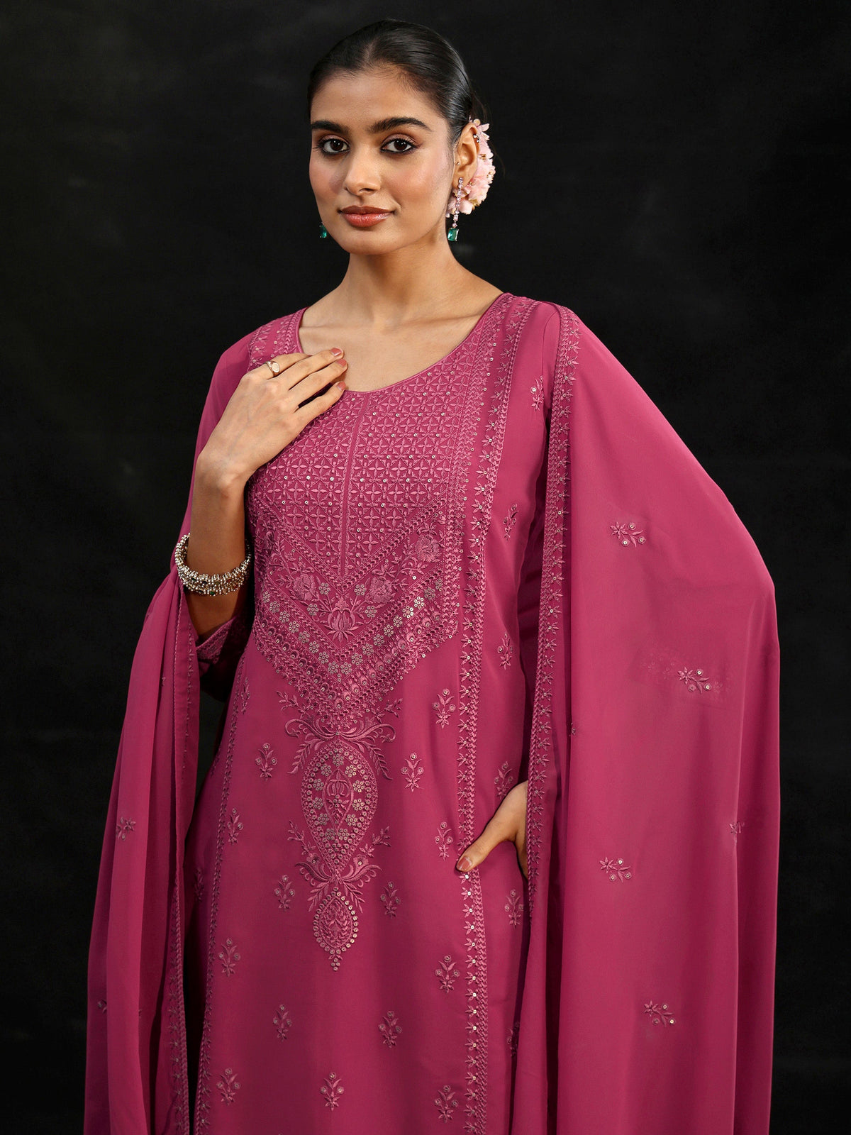 Anouk Pink Floral Embroidered Georgette Straight Suit Set