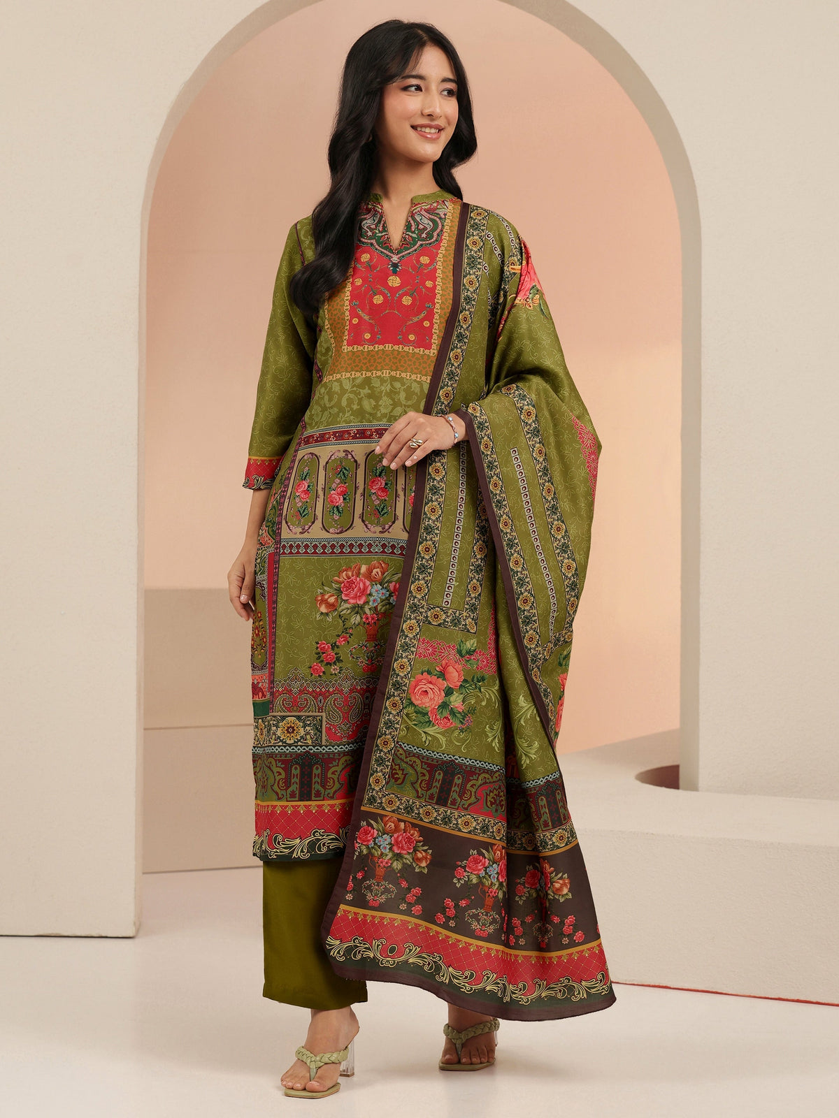 Anouk Green Floral Printed Muslin Straight Suit Set