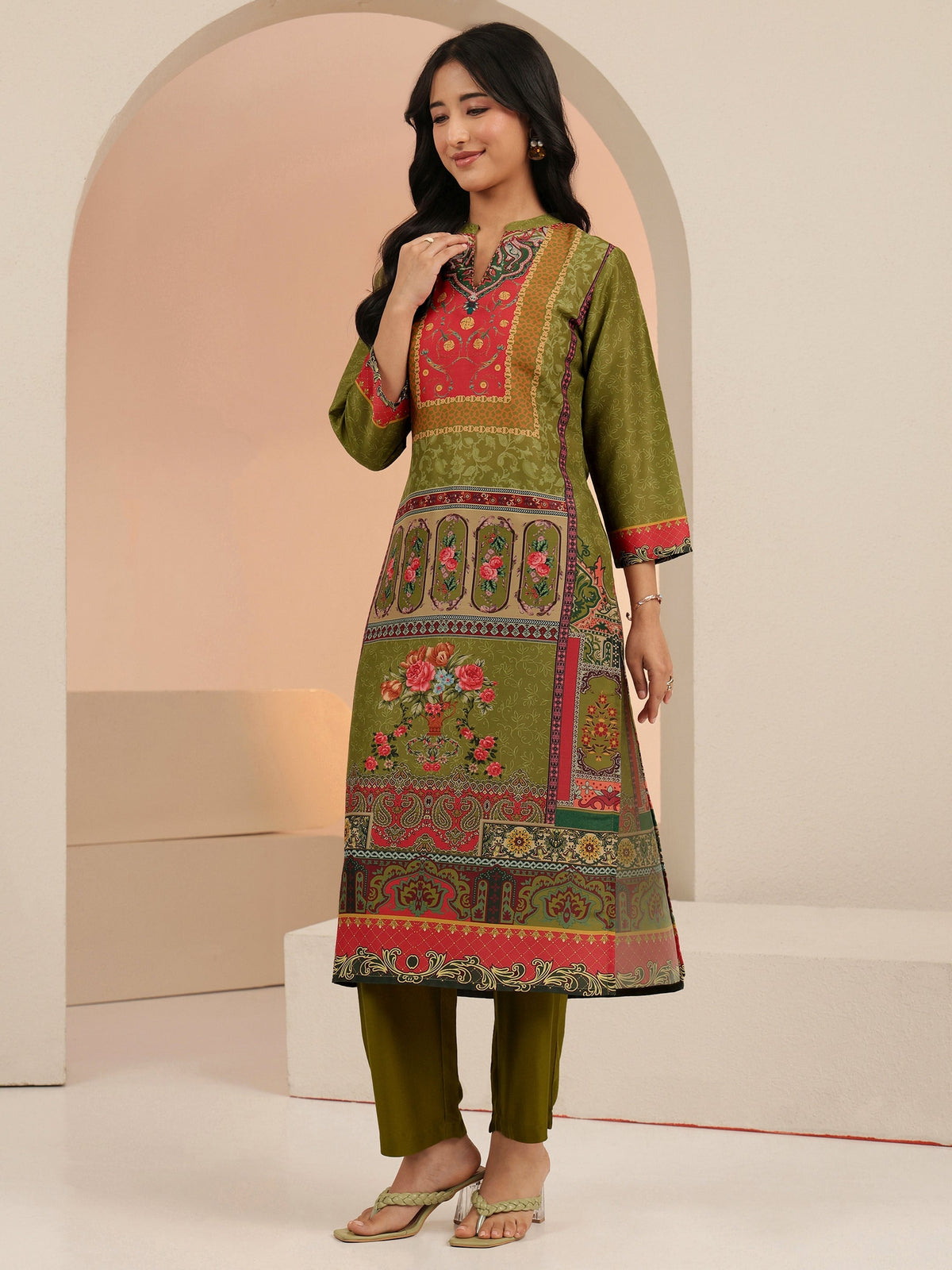 Anouk Green Floral Printed Muslin Straight Suit Set