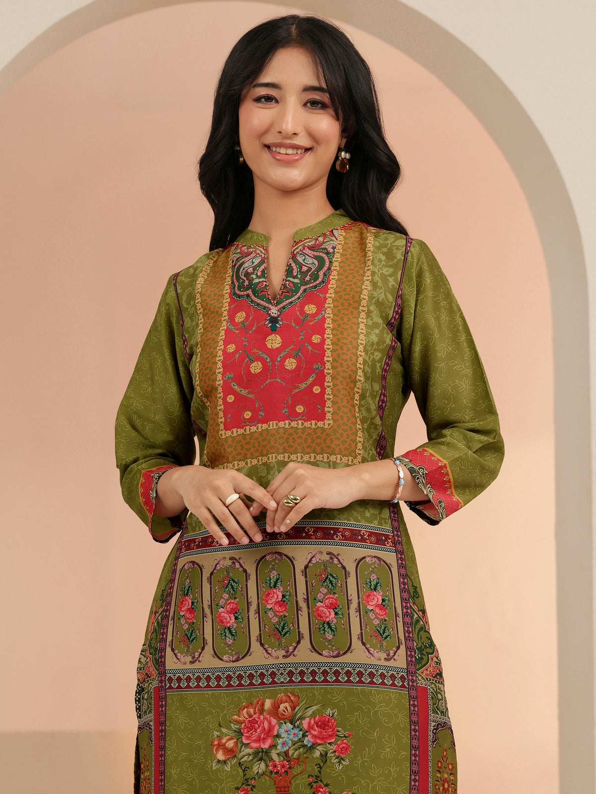 Anouk Green Floral Printed Muslin Straight Suit Set