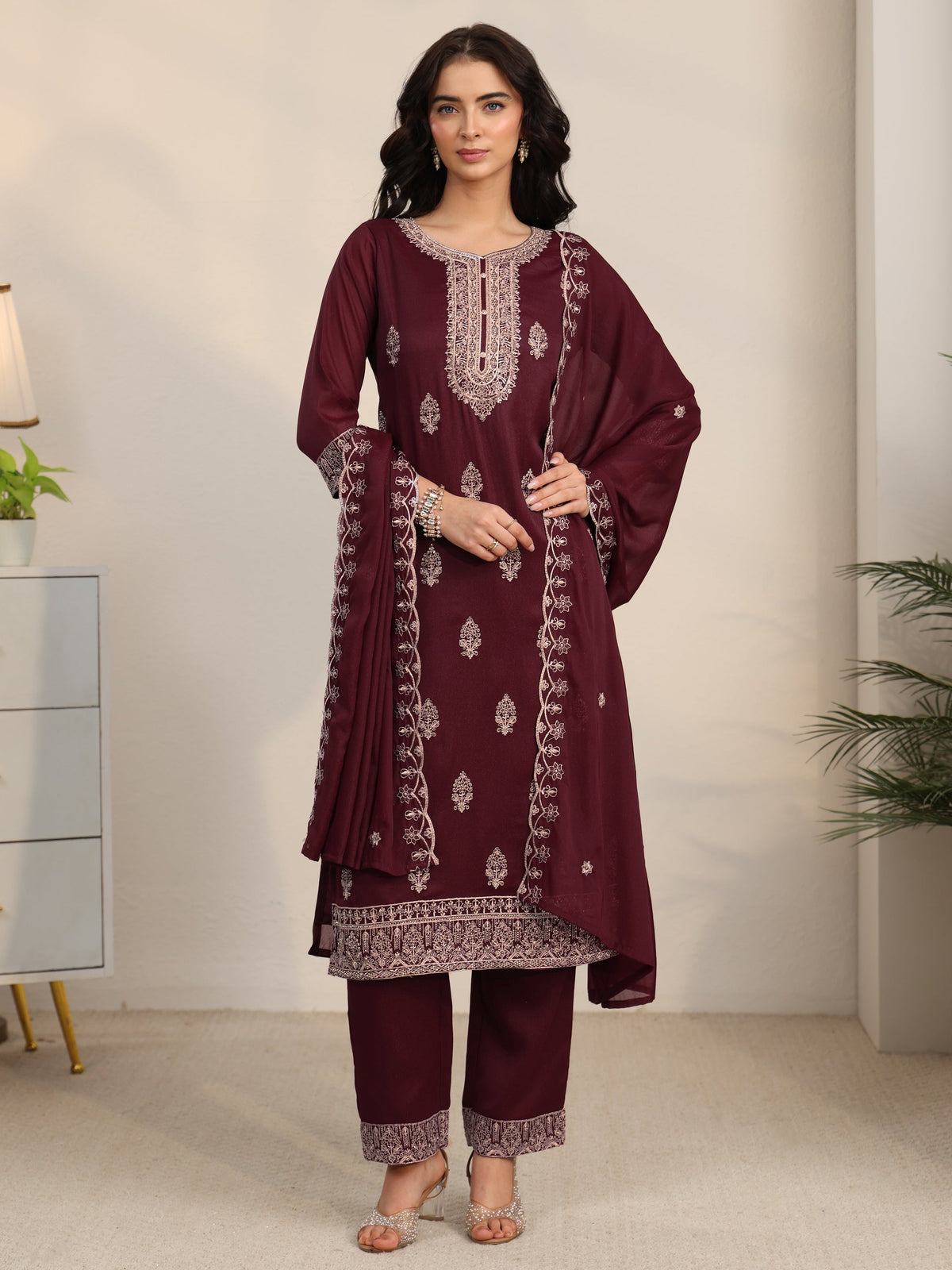 Anouk Maroon Embroidered Chinon Straight Suit Set