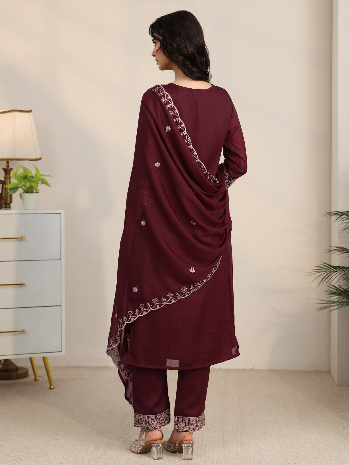 Anouk Maroon Embroidered Chinon Straight Suit Set