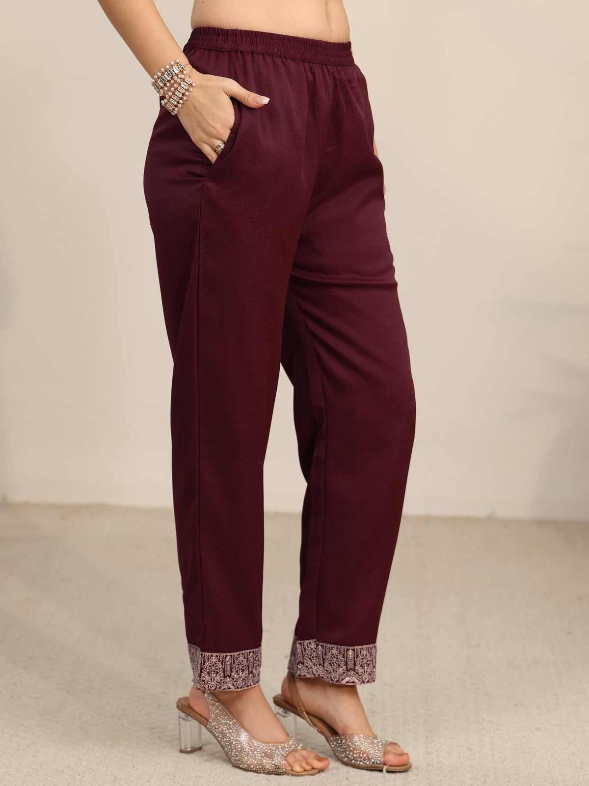 Anouk Maroon Embroidered Chinon Straight Suit Set