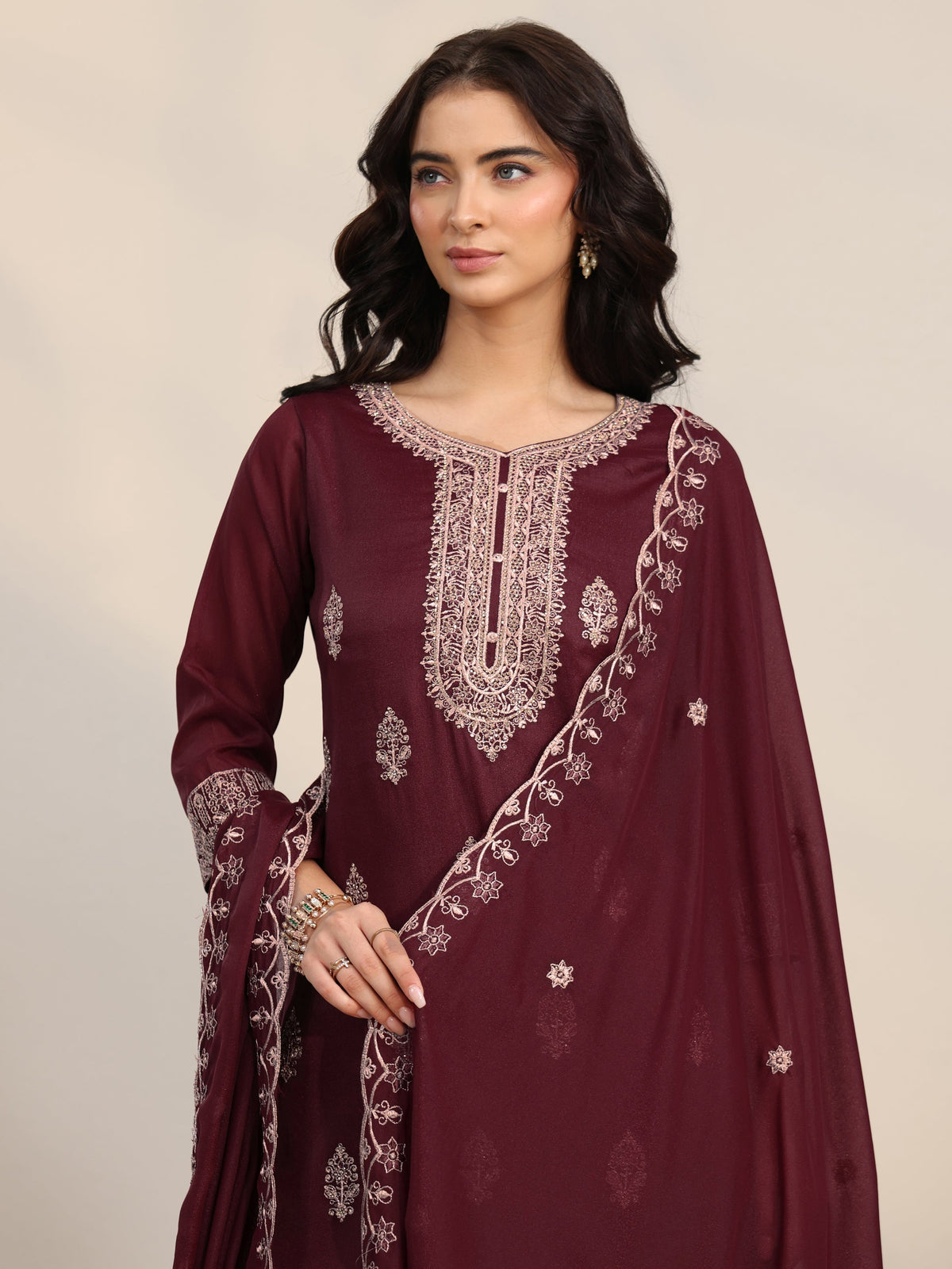Anouk Maroon Embroidered Chinon Straight Suit Set