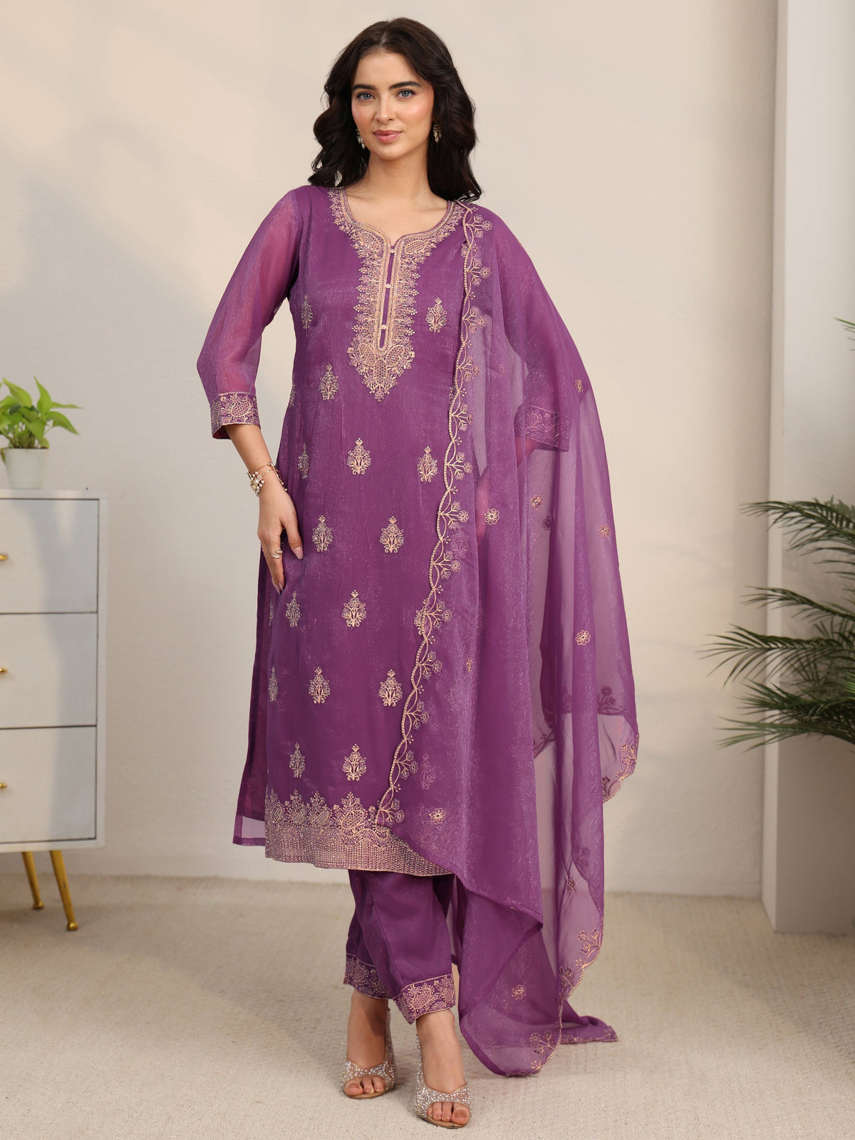 Anouk Burgundy Embroidered Chinon Straight Suit Set