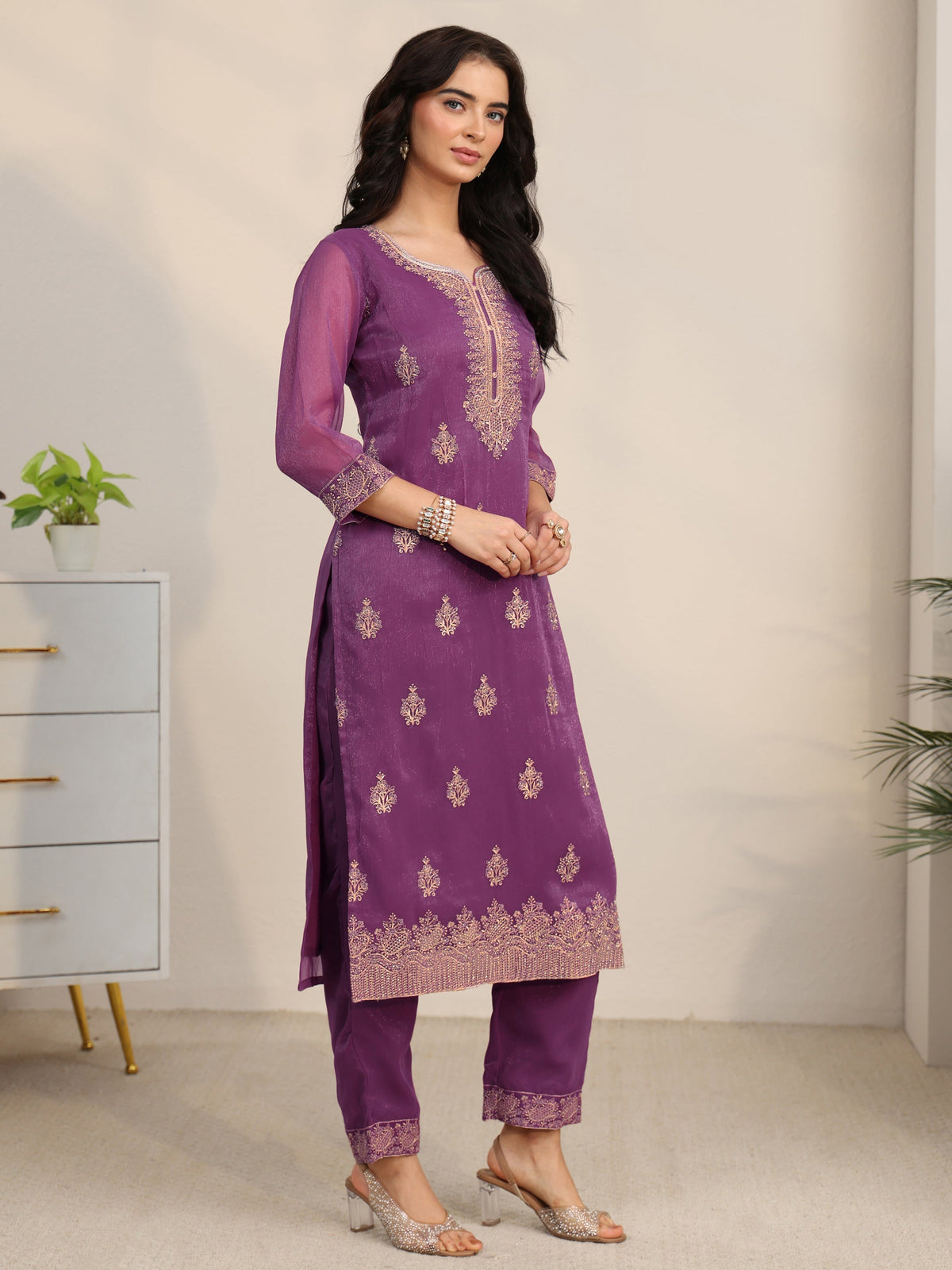 Anouk Burgundy Embroidered Chinon Straight Suit Set
