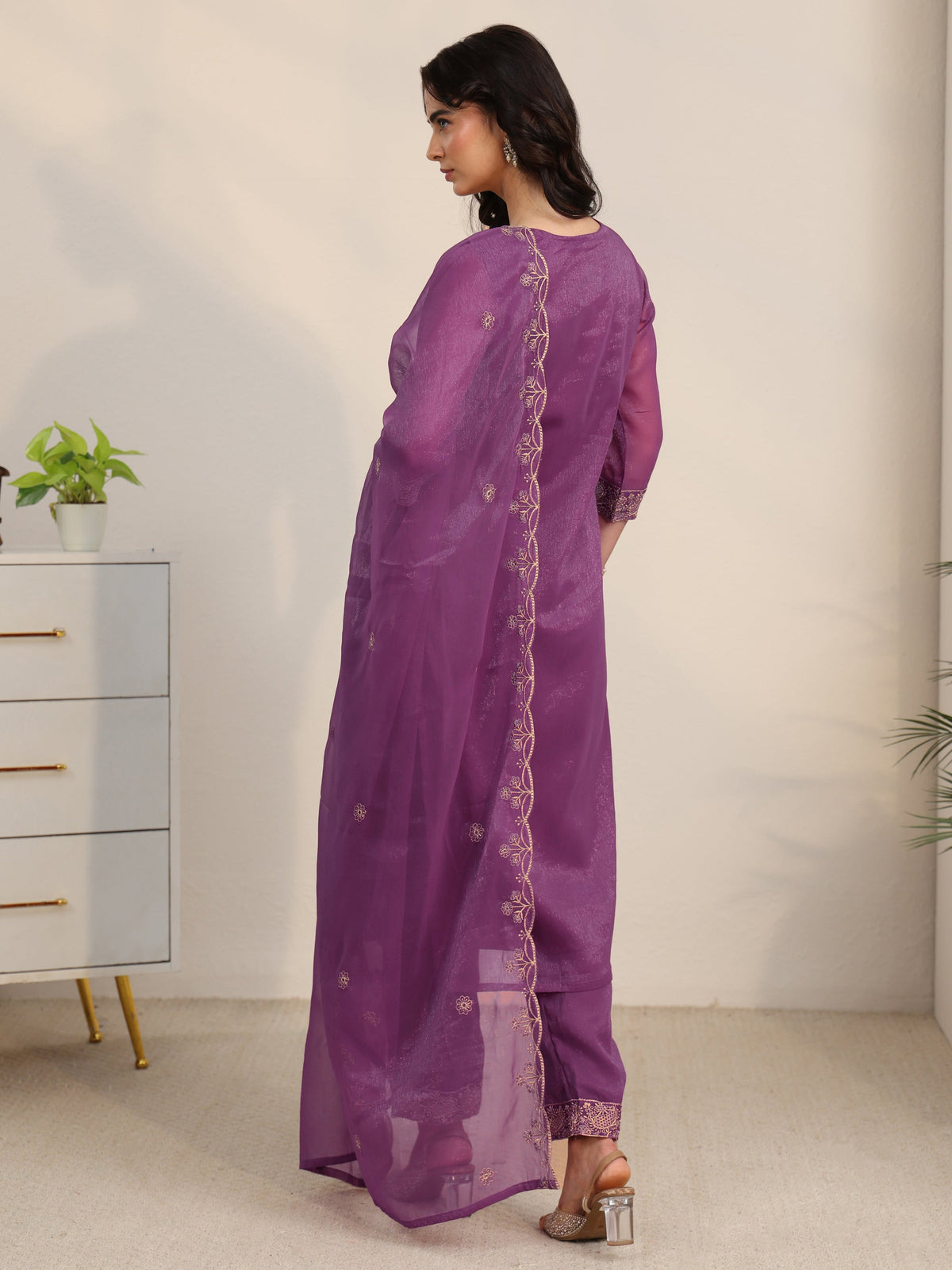Anouk Burgundy Embroidered Chinon Straight Suit Set