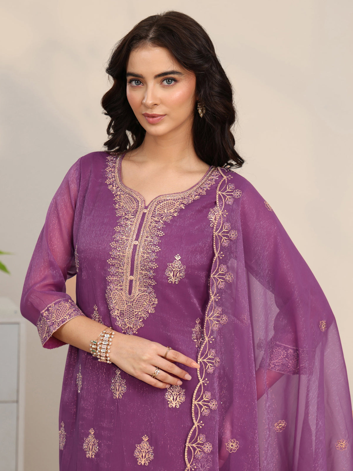 Anouk Burgundy Embroidered Chinon Straight Suit Set