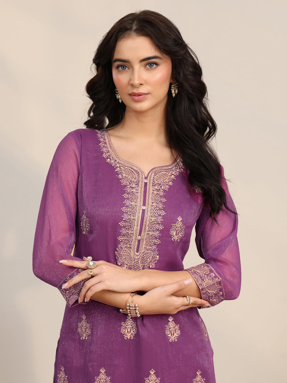 Anouk Burgundy Embroidered Chinon Straight Suit Set