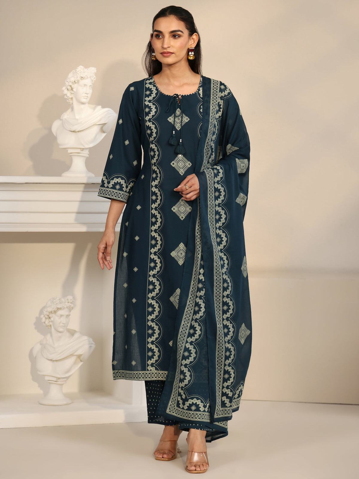 Anouk Midnight Blue Printed Cotton A-line Suit Set