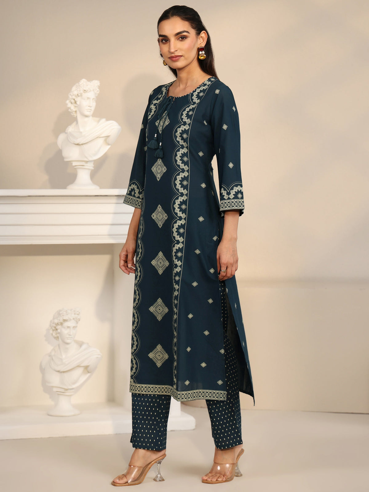 Anouk Midnight Blue Printed Cotton A-line Suit Set