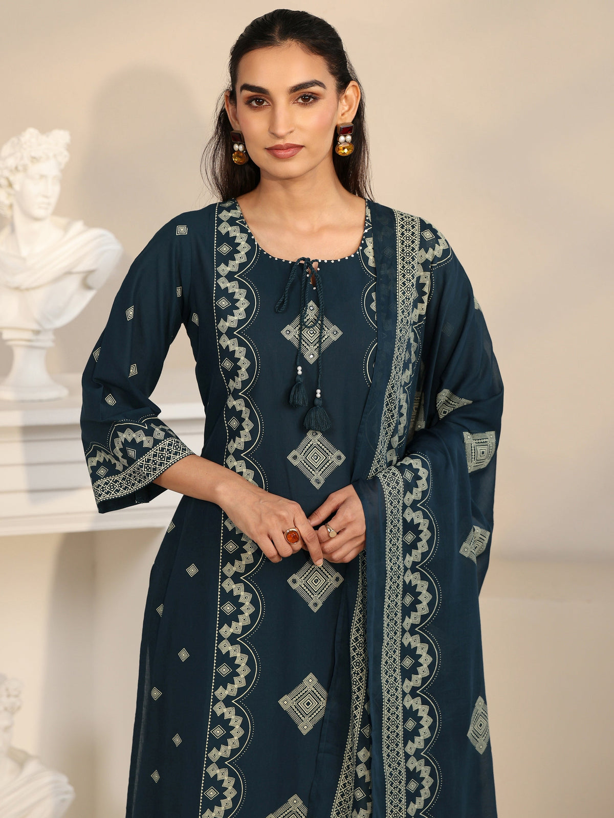 Anouk Midnight Blue Printed Cotton A-line Suit Set