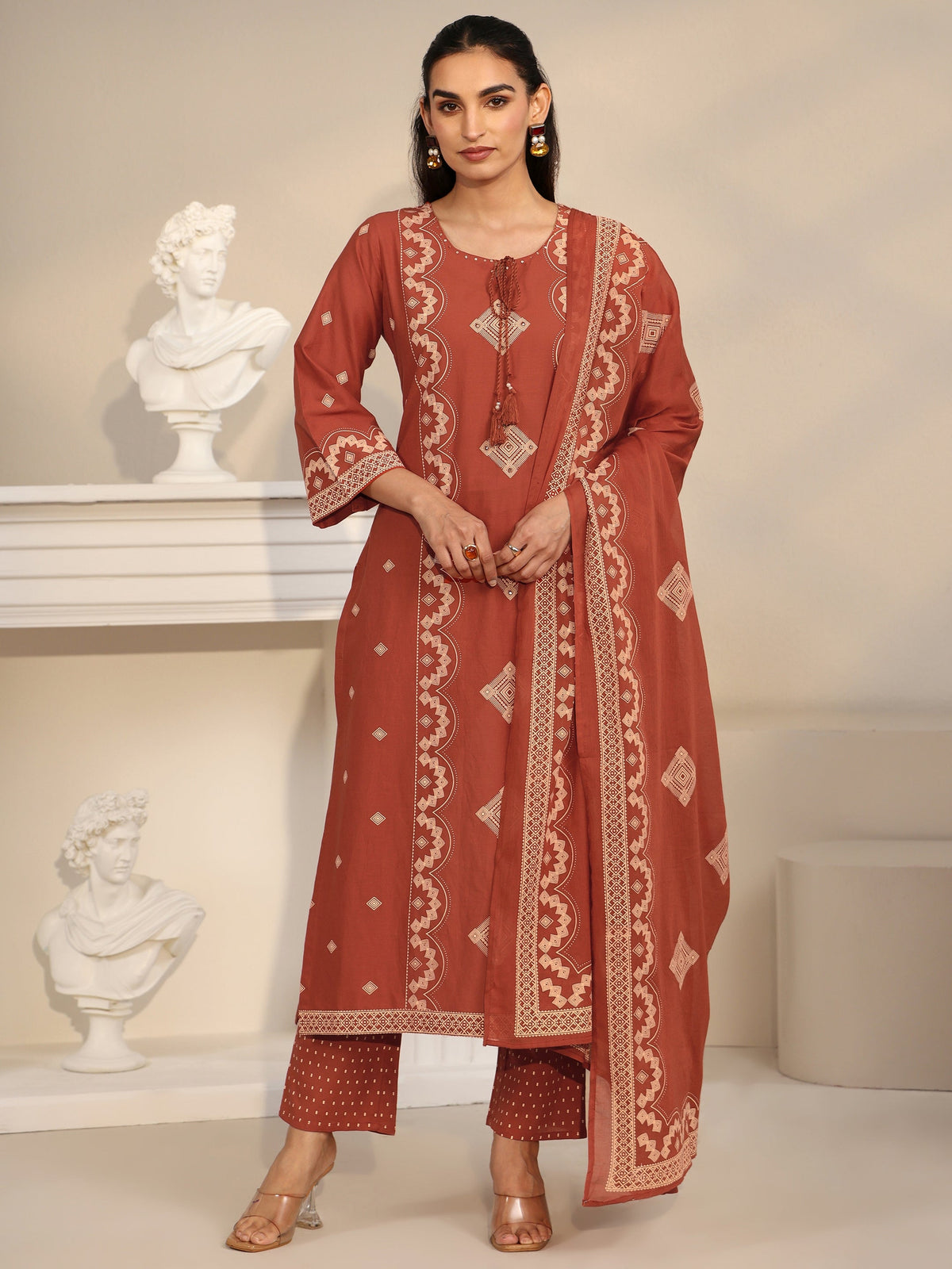 Anouk Rust Brown Printed Cotton A-line Suit Set