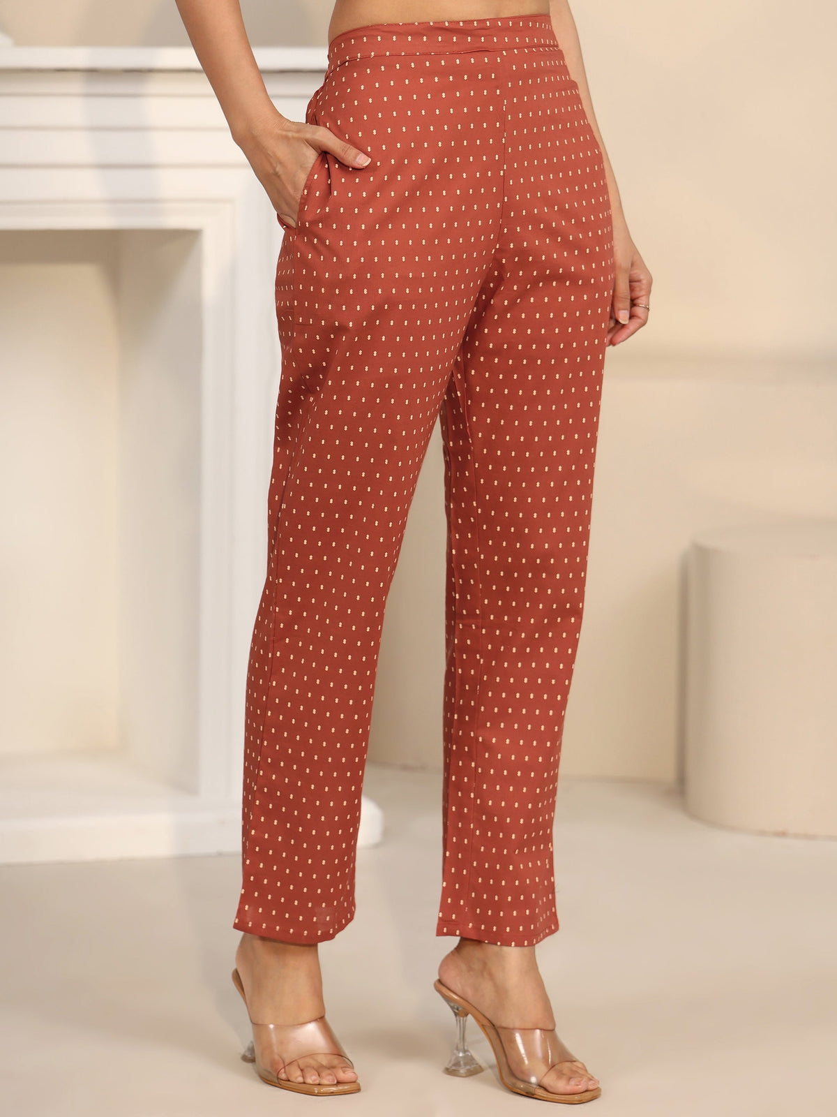 Anouk Rust Brown Printed Cotton A-line Suit Set