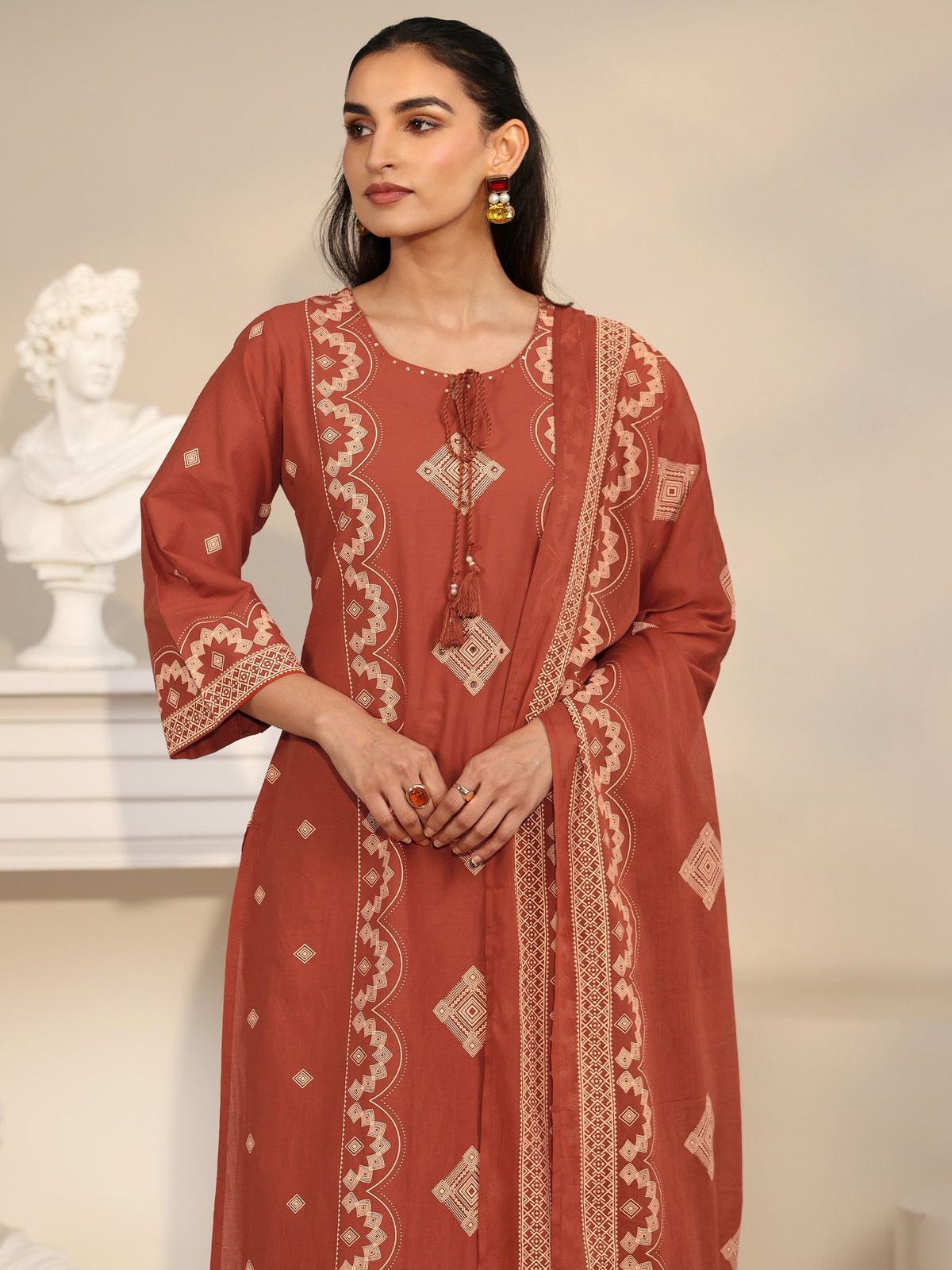 Anouk Rust Brown Printed Cotton A-line Suit Set