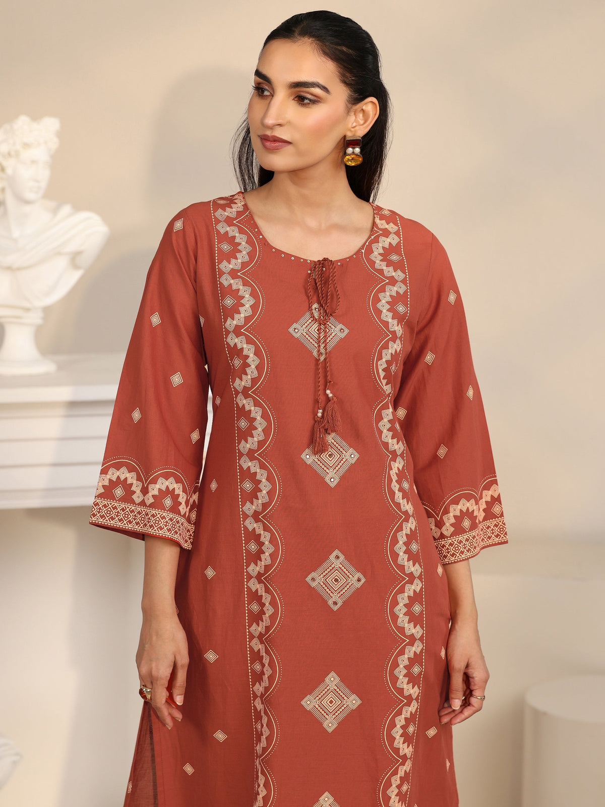 Anouk Rust Brown Printed Cotton A-line Suit Set