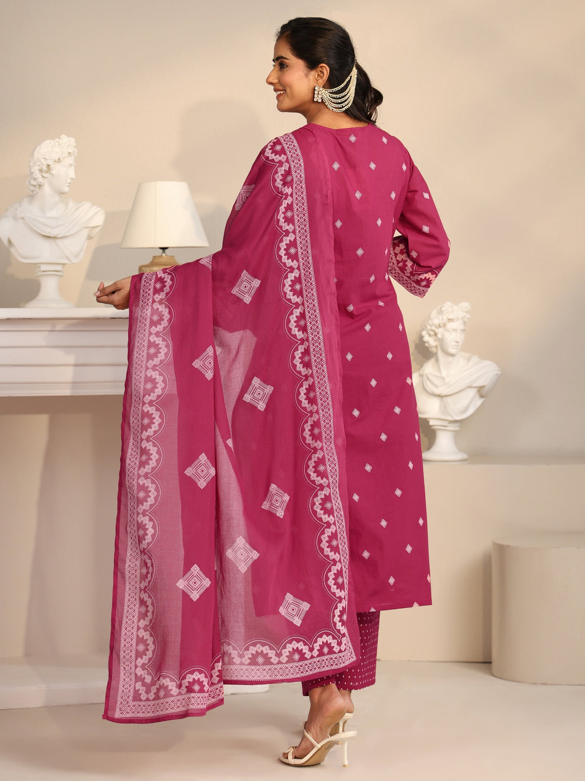 Anouk Rose Pink Printed Cotton A-line Suit Set