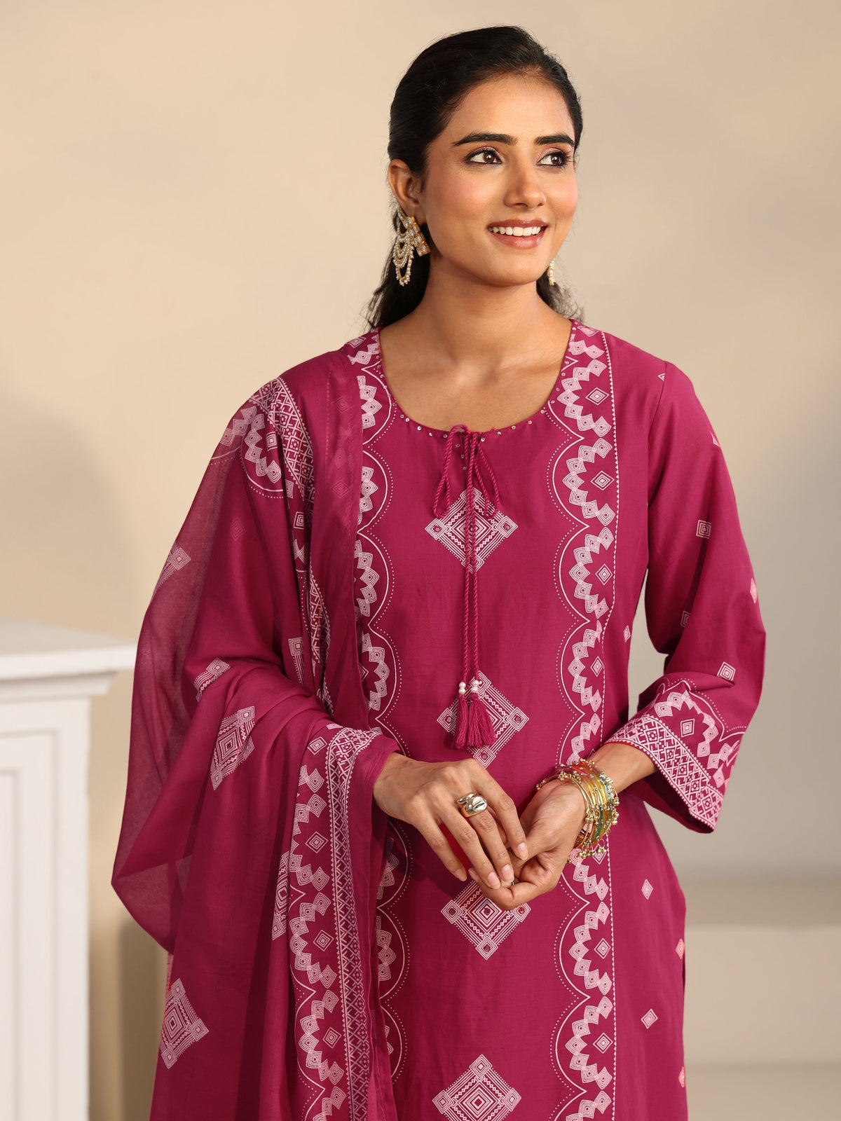 Anouk Rose Pink Printed Cotton A-line Suit Set