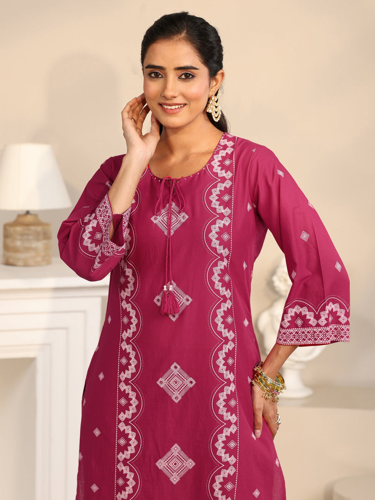 Anouk Rose Pink Printed Cotton A-line Suit Set