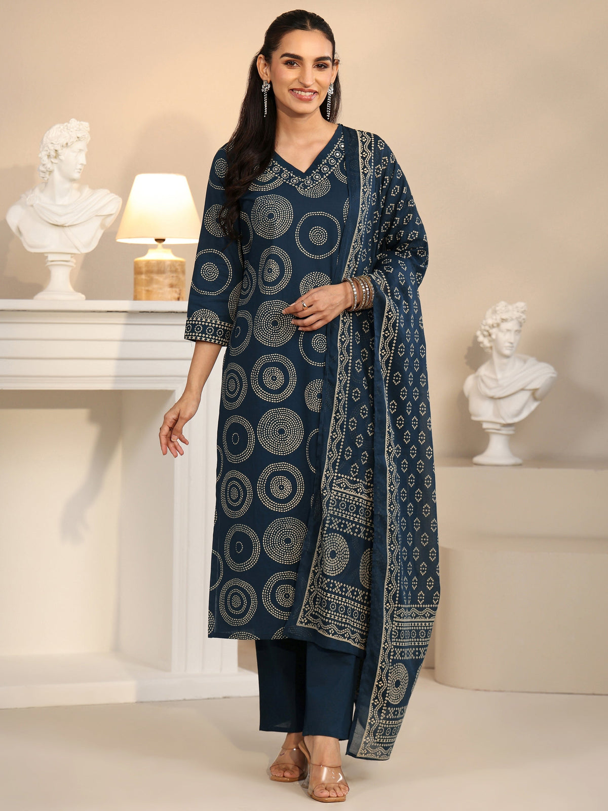 Anouk Teal Blue Circular Print Cotton Straight Suit Set