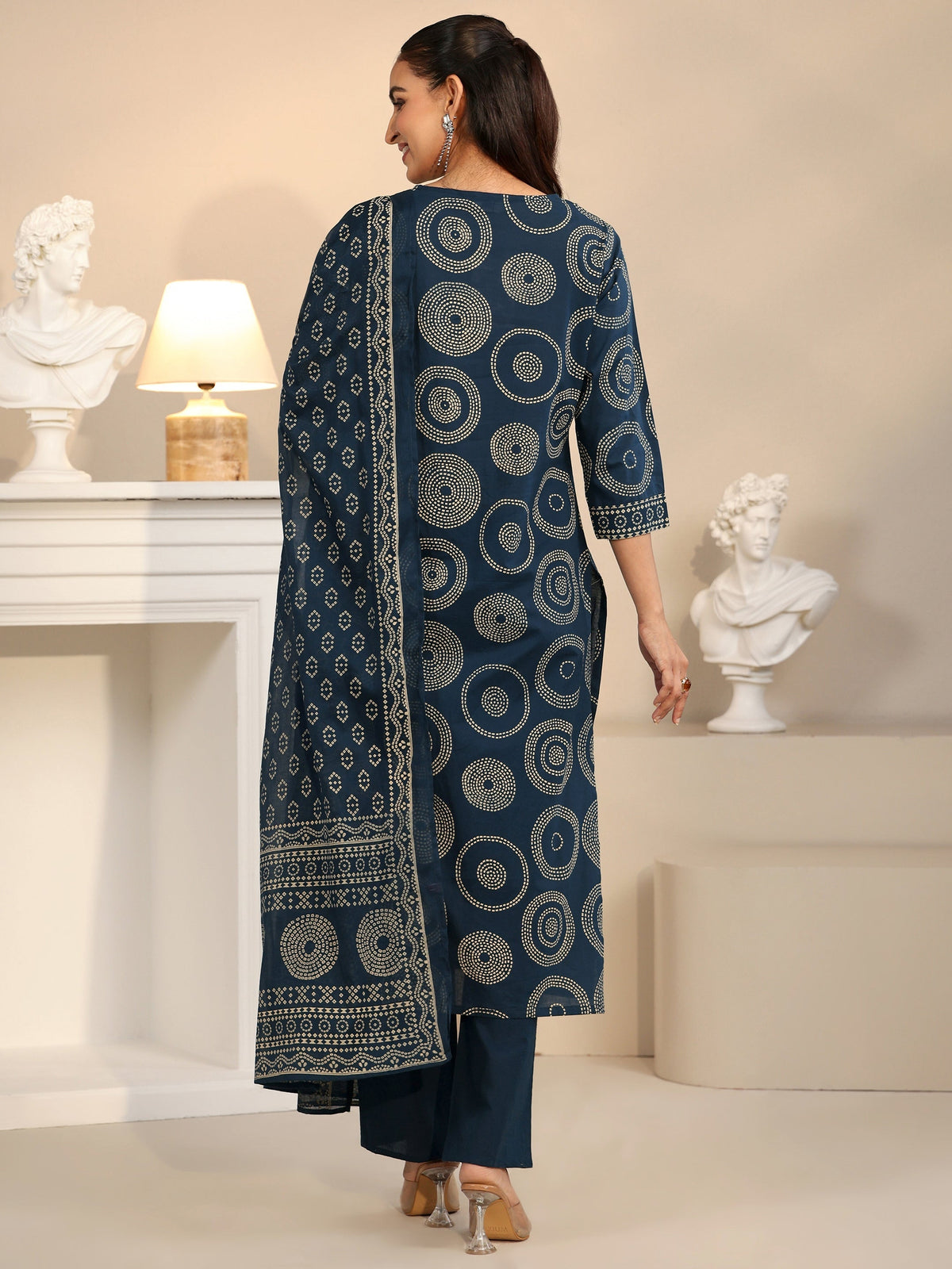Anouk Teal Blue Circular Print Cotton Straight Suit Set