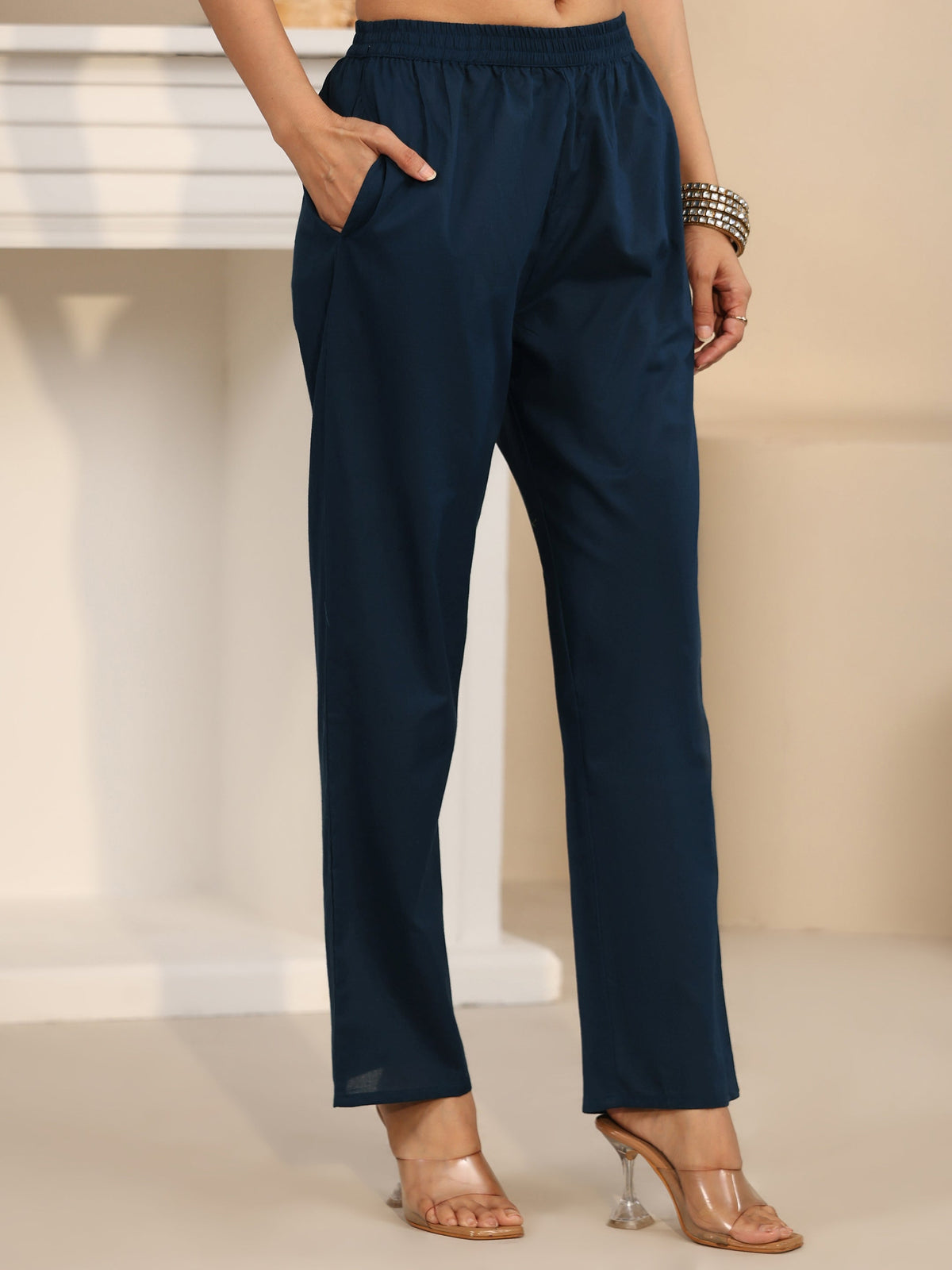 Anouk Teal Blue Circular Print Cotton Straight Suit Set