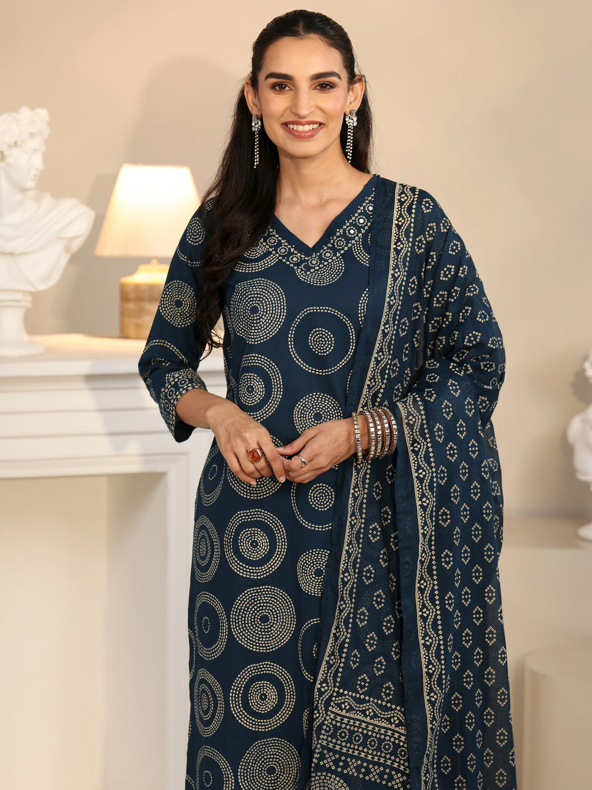 Anouk Teal Blue Circular Print Cotton Straight Suit Set