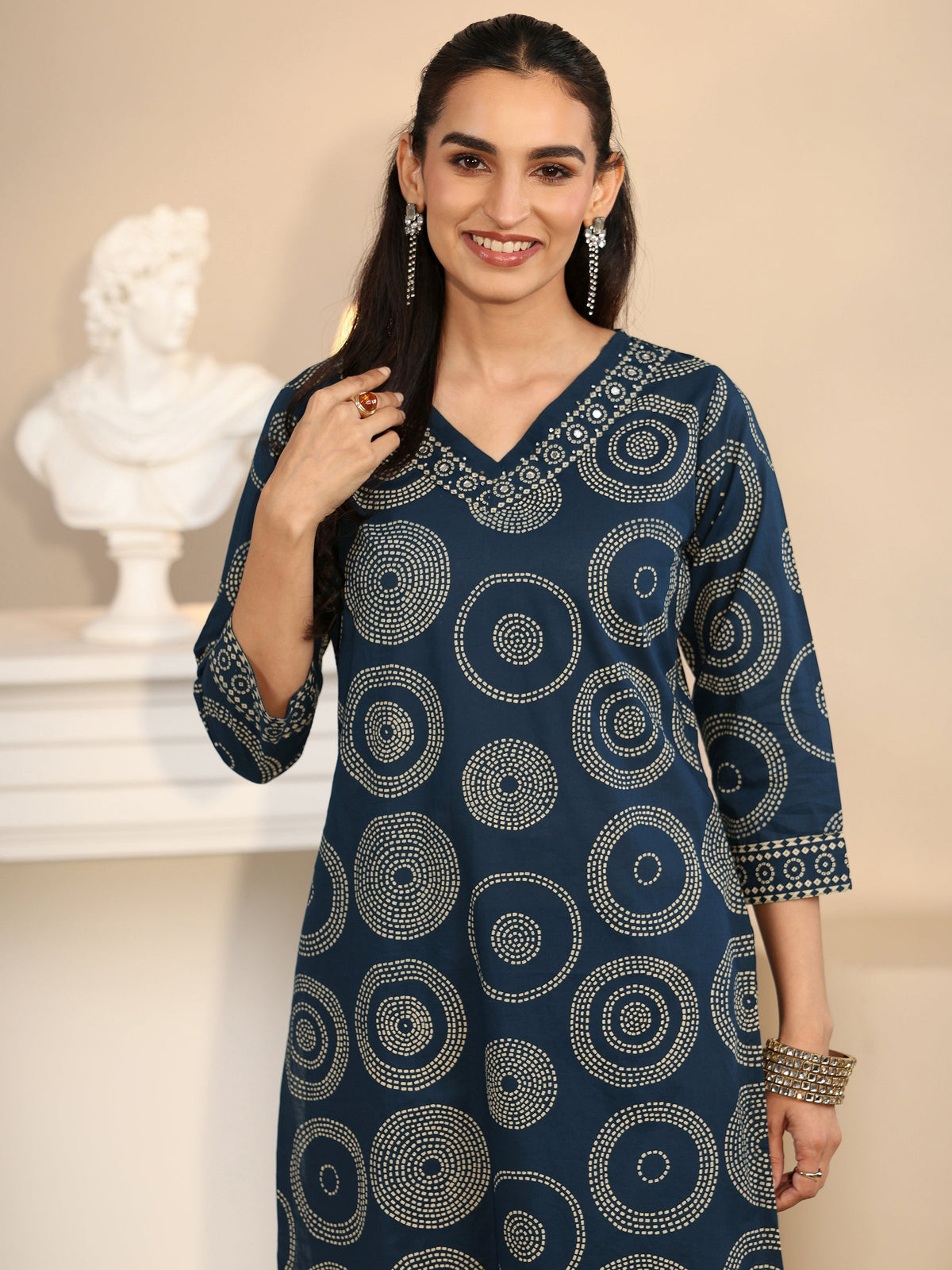 Anouk Teal Blue Circular Print Cotton Straight Suit Set