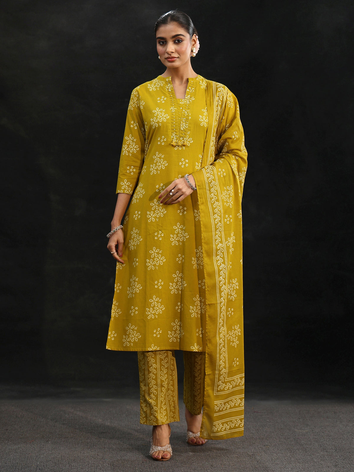 Anouk Mustard Bandhani Cotton Straight Suit Set