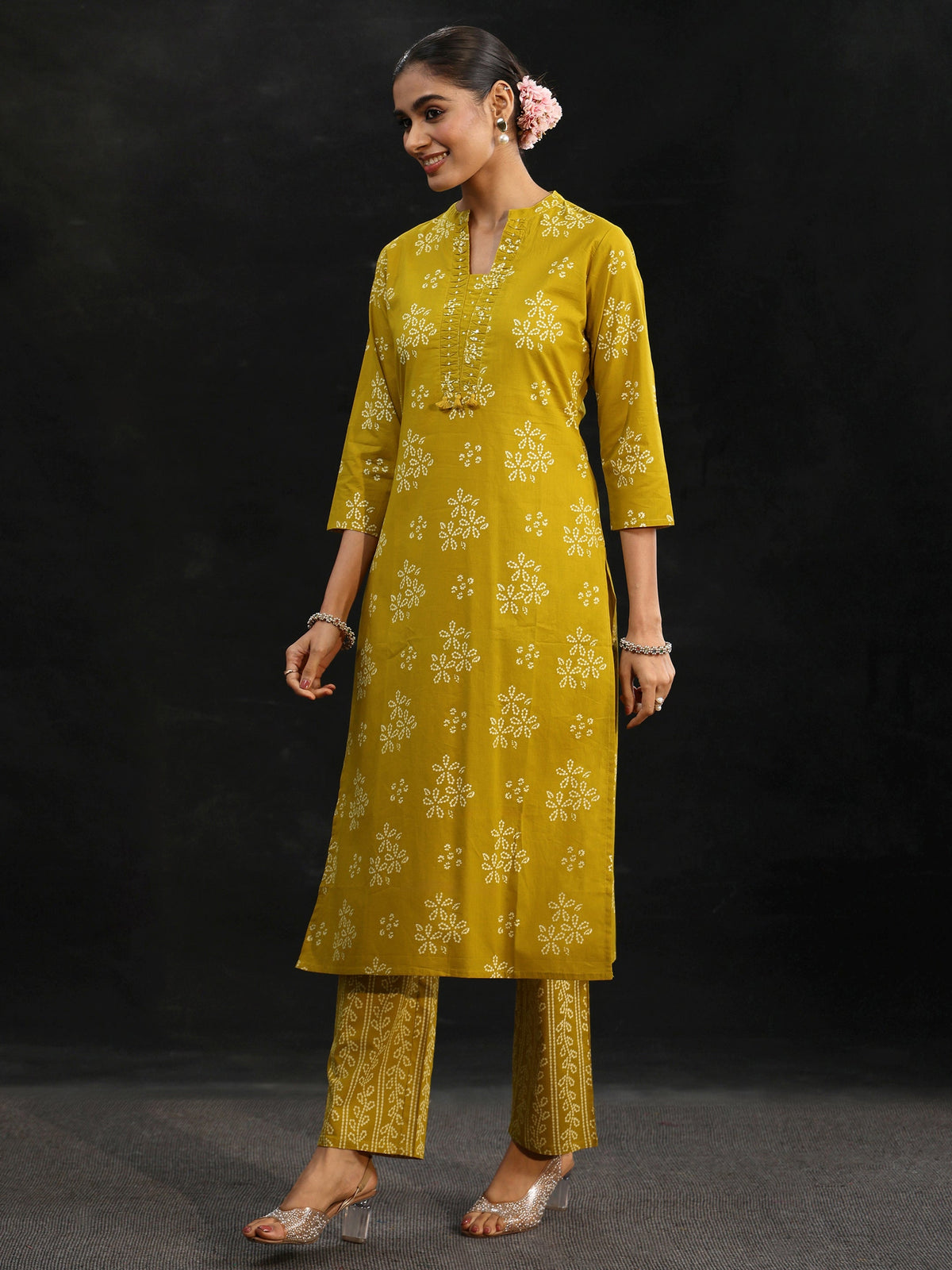 Anouk Mustard Bandhani Cotton Straight Suit Set