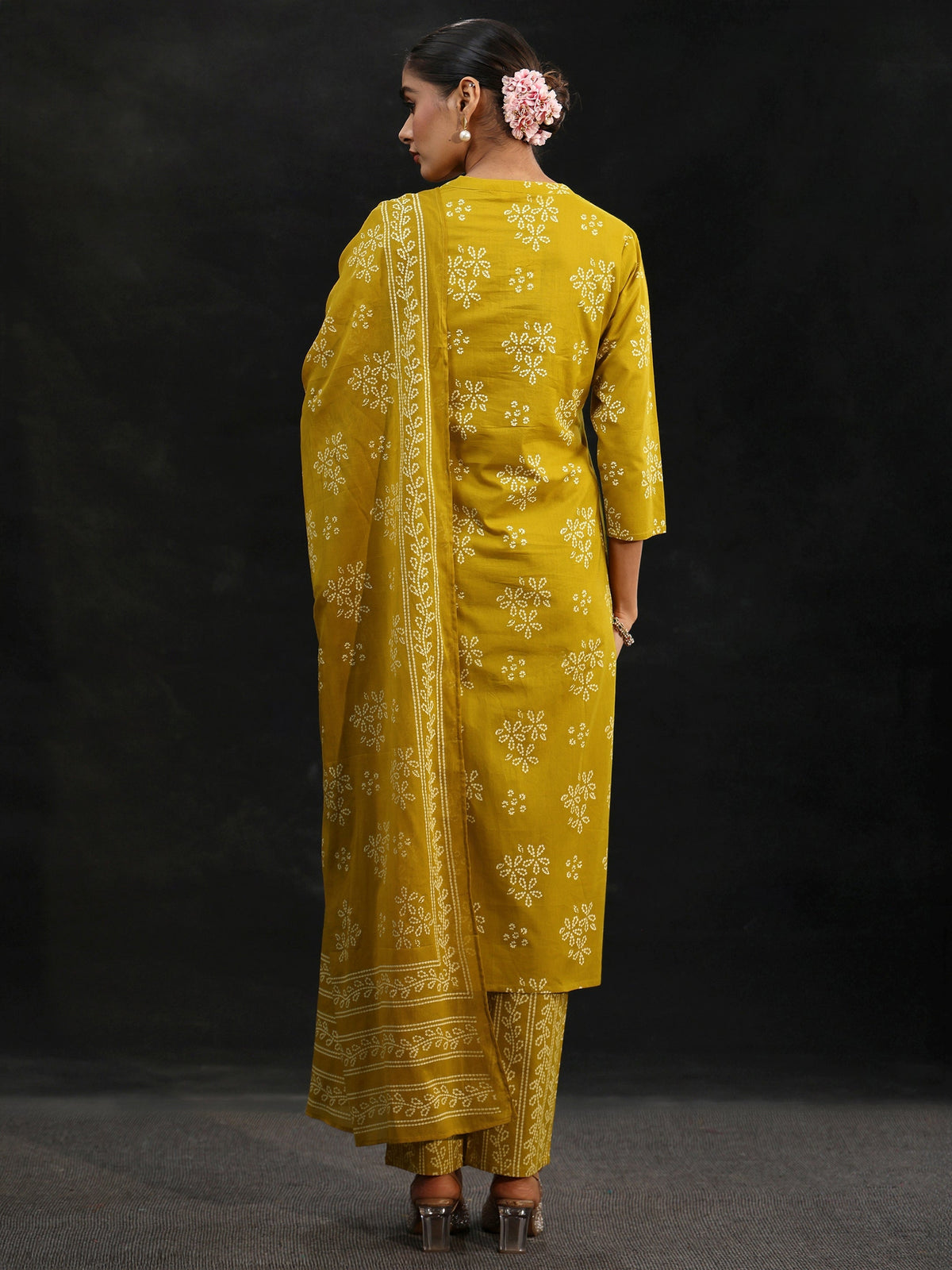 Anouk Mustard Bandhani Cotton Straight Suit Set
