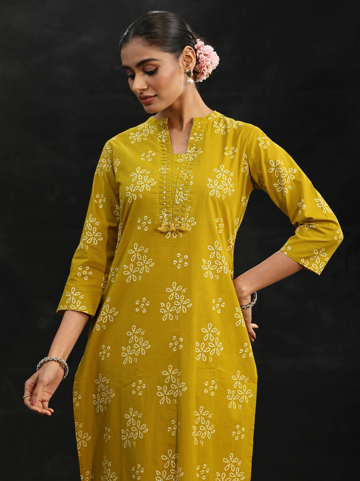 Anouk Mustard Bandhani Cotton Straight Suit Set