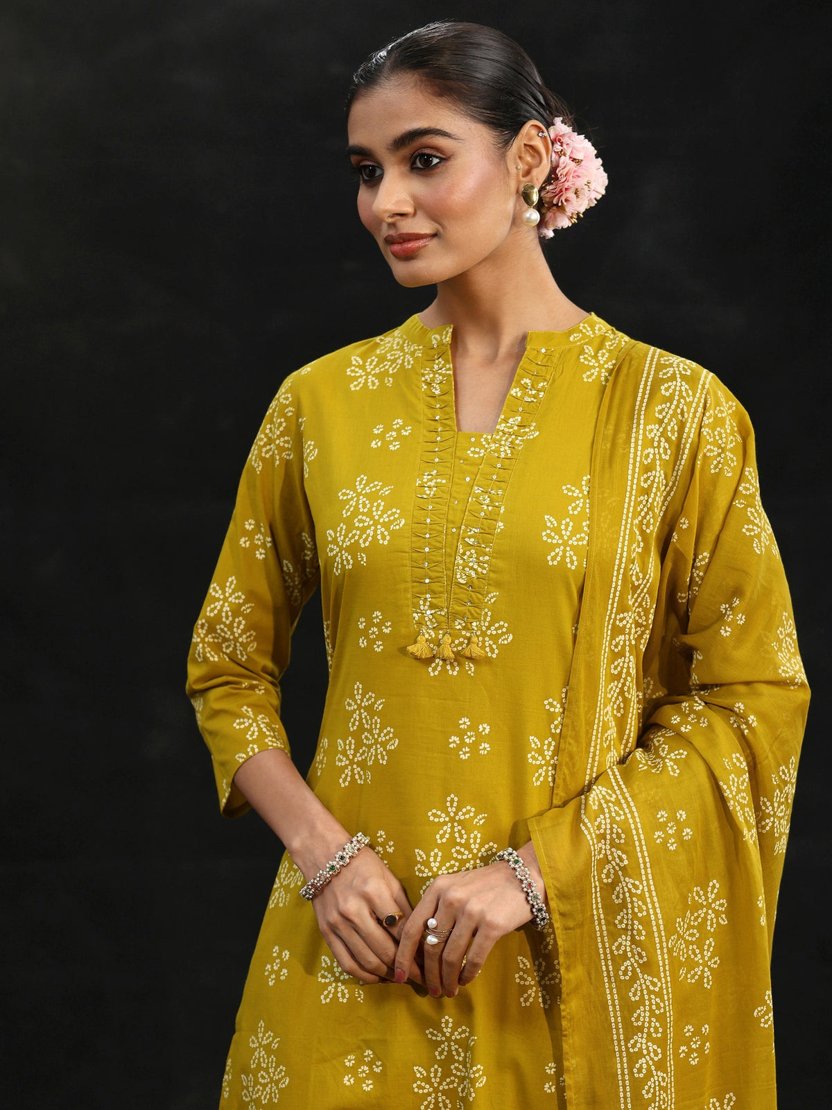 Anouk Mustard Bandhani Cotton Straight Suit Set